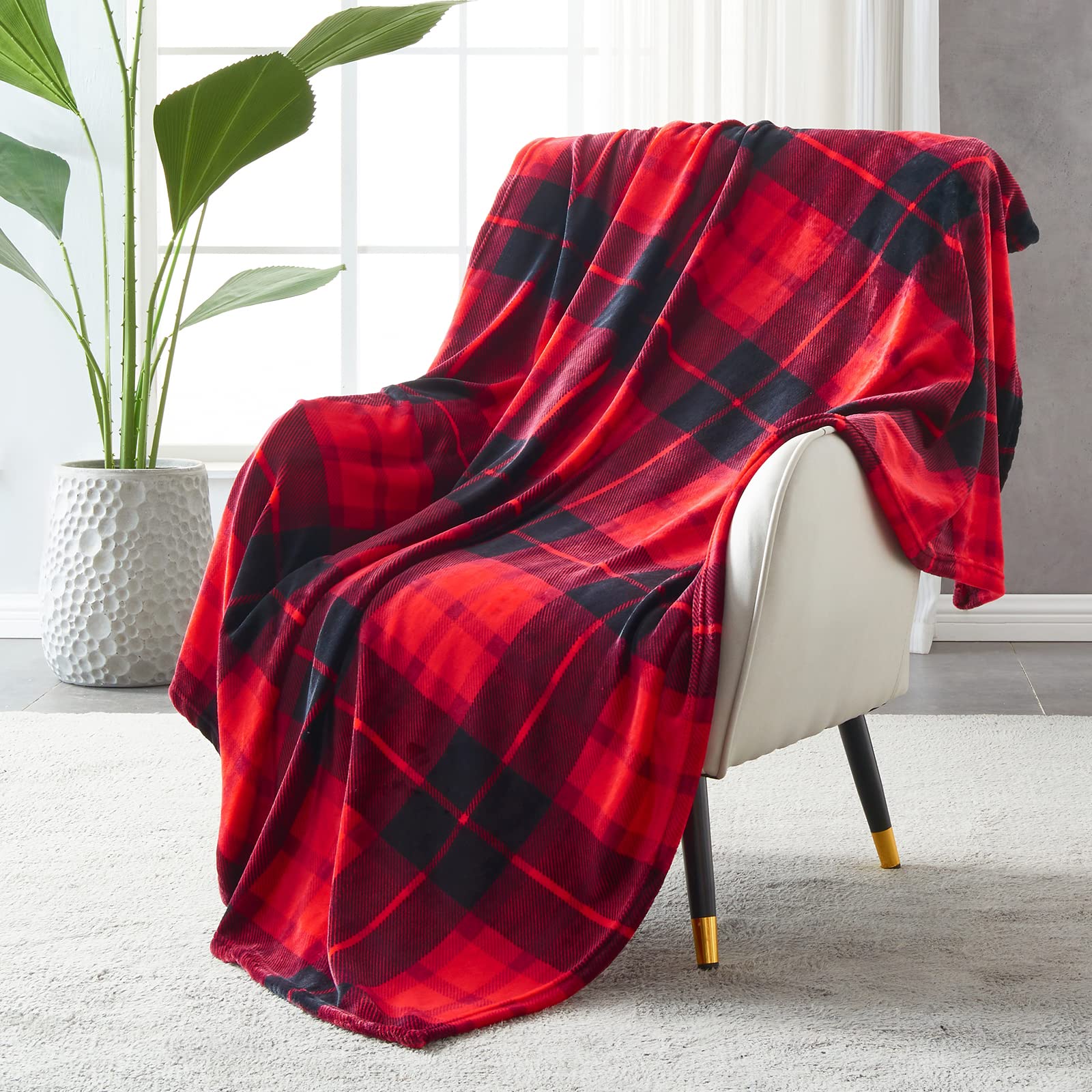 Sochow Flannel Fleece Throw Blanket 60 X 80 Inches, All Season Plaid Red Blanket For Bed, Couch, Car