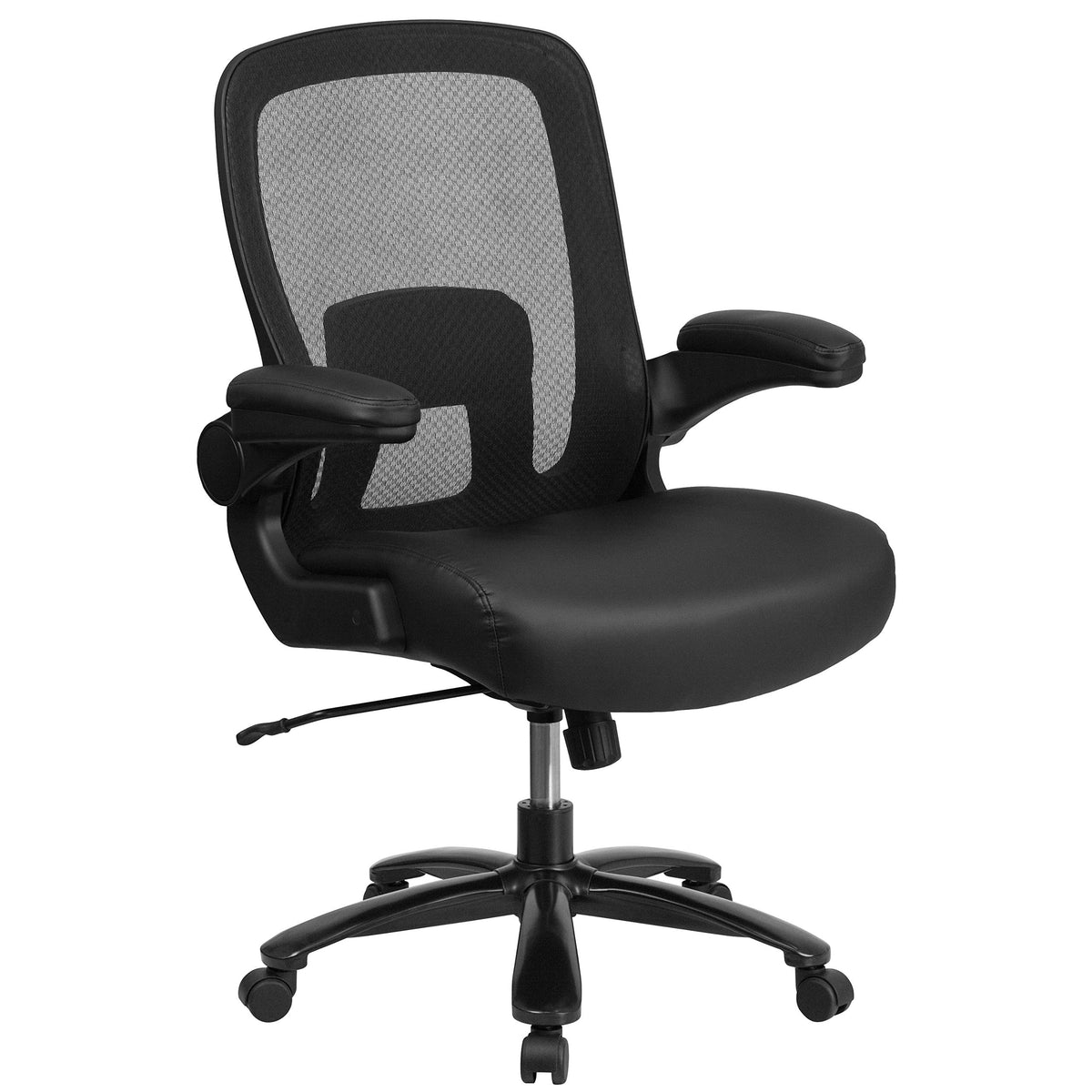 Flash Furniture Big & Tall Swivel Office and Gaming Chair with LeatherSoft Seat, Mesh Office Chair with Flip-Up Armrests and Adjustable Height, Black