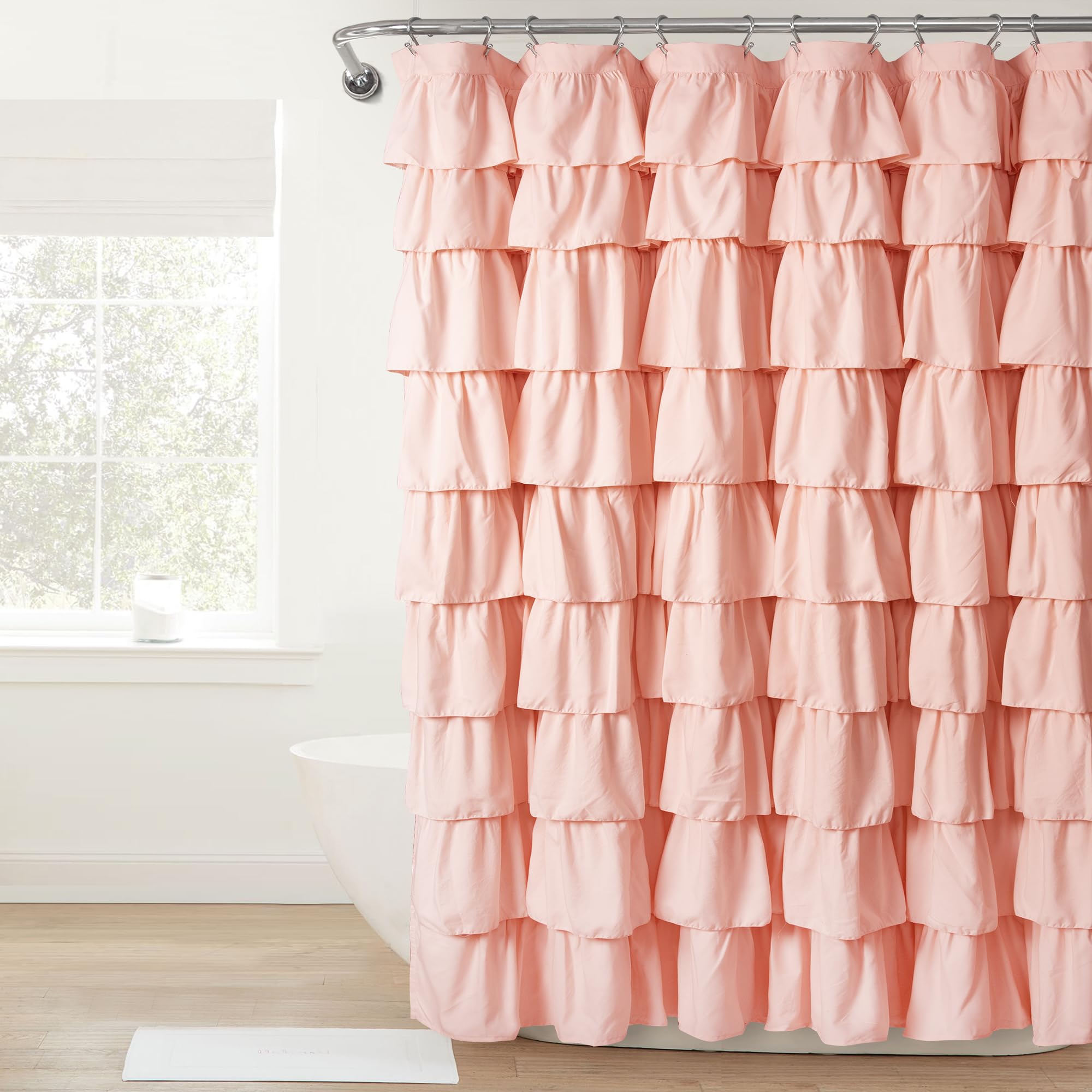 Lush Decor Ruffle Shower Curtain | Floral Textured Vintage Chic Farmhouse Style Design, Blush, 72' X 72'