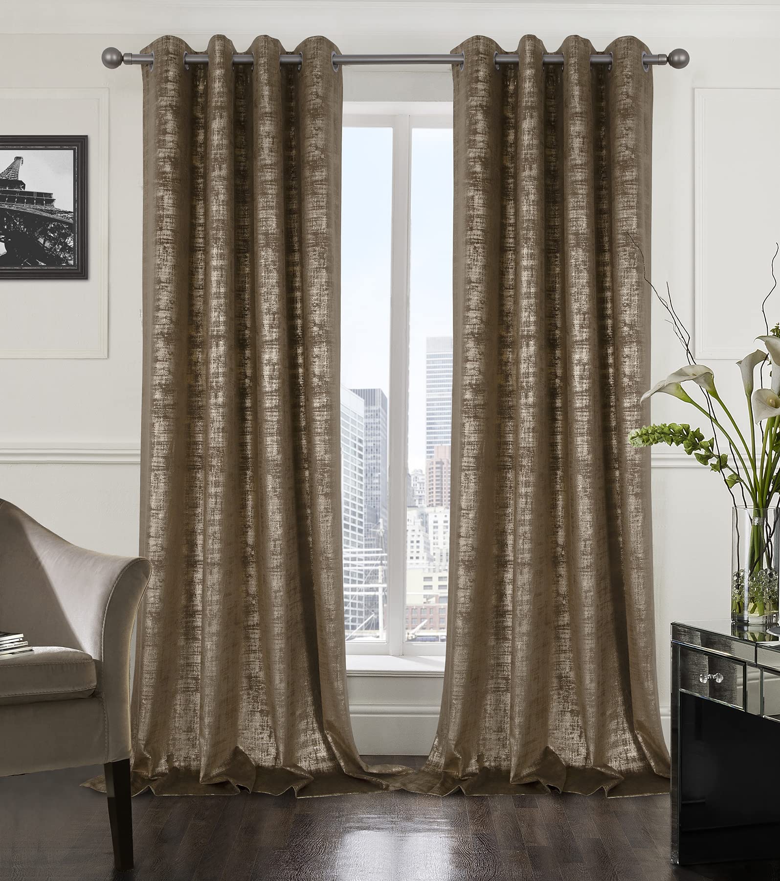 Always4U 100% Blackout Soft Velvet Curtains For Bedroom Living Room Thermal Energy Saving 108 Inches Long Luxury Gold Foil Print