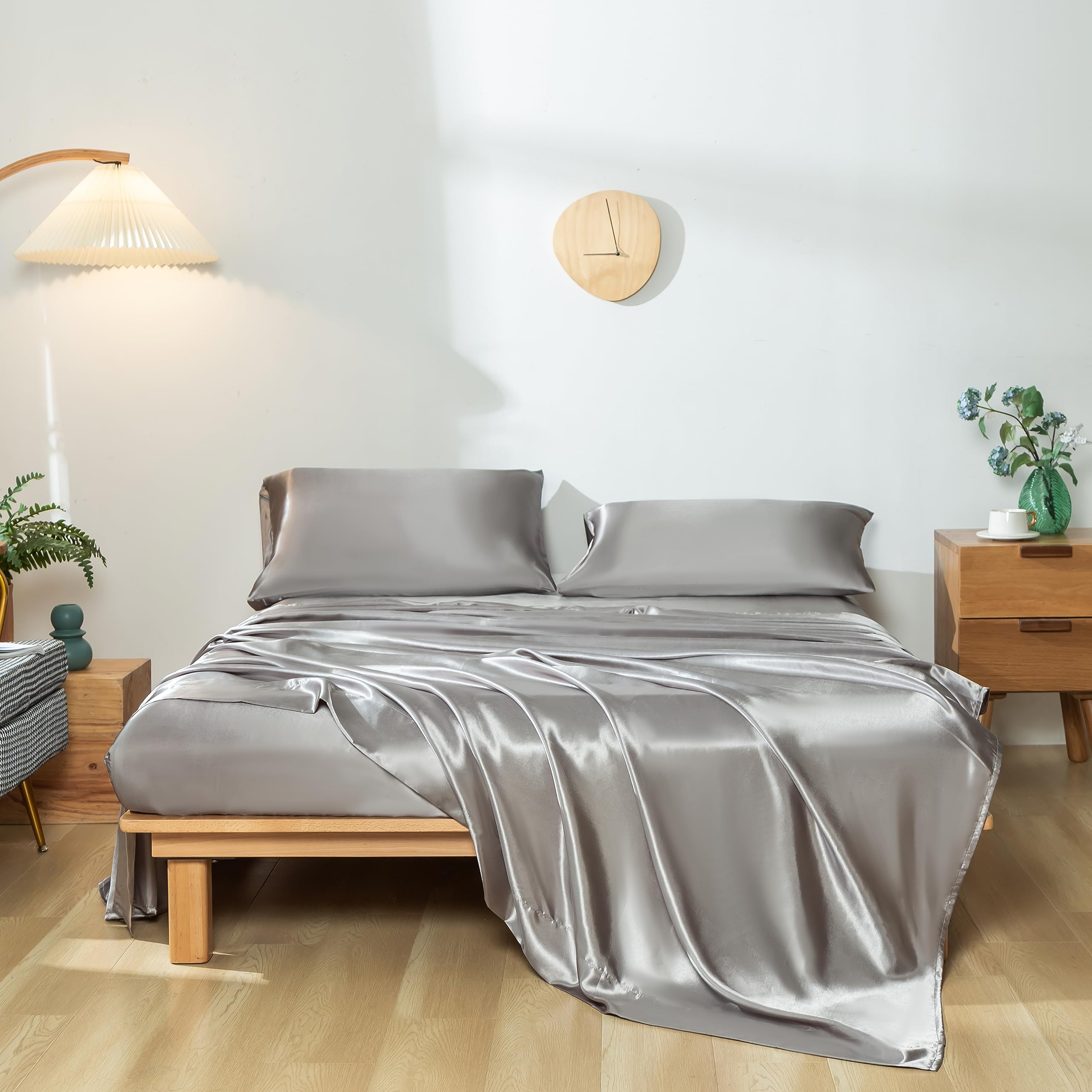 Revdomfly 4 Pcs Queen Size Luxury Silky Soft Cray Satin Sheet Set,1 Premium Moisture Wicking Fitted Sheet Fits Up To 16 Inches D