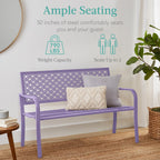 Best Choice Products Outdoor Bench 2-Person Metal Steel Benches Furniture For Garden, Patio, Porch, Entryway W/Geometric Backrest, 790Lb Capacity - Lavender