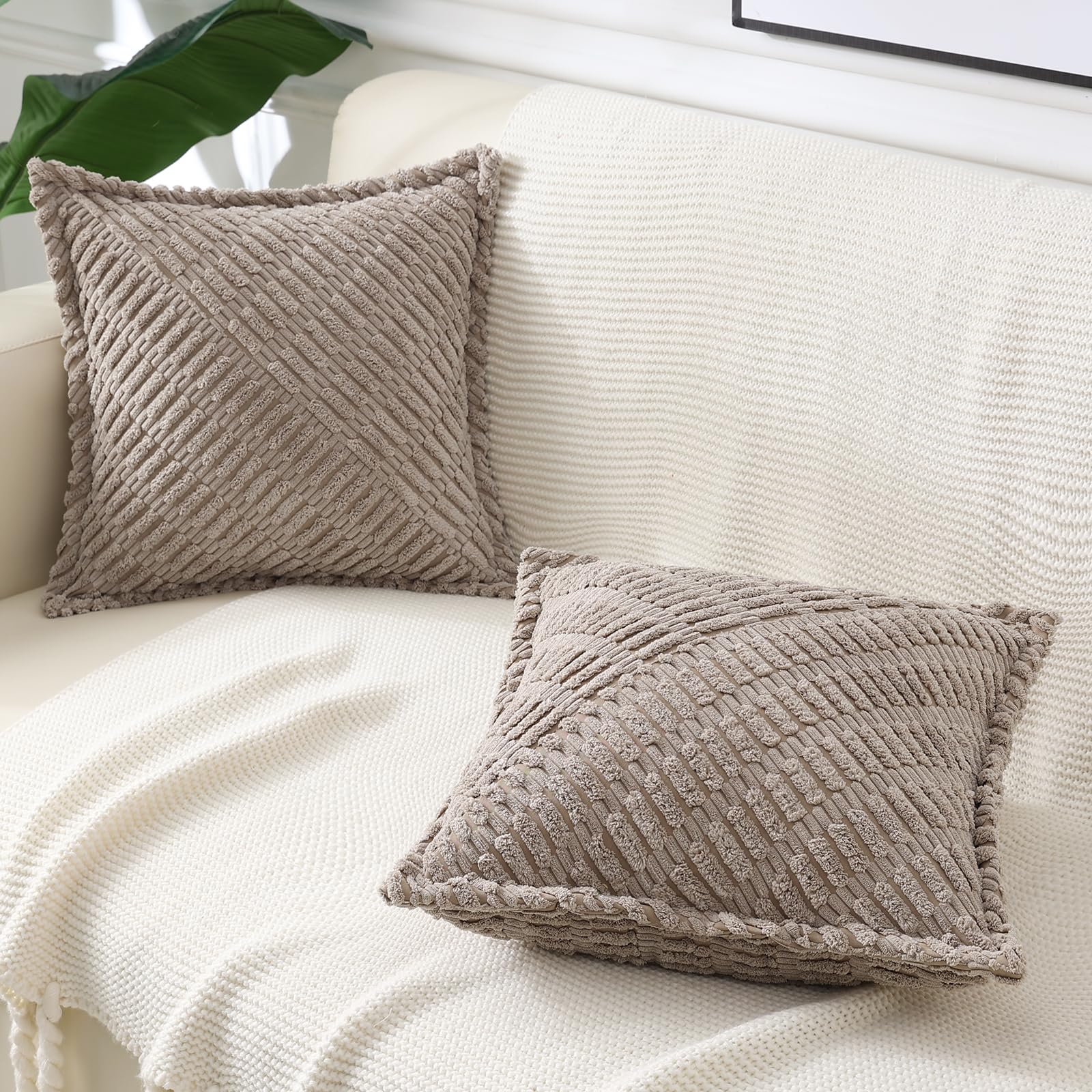 Decoruhome Decorative Khaki Throw Pillow Covers 22X22 Set Of 2 With Splicing, Boho Soft Corduroy Broadside Twill Pillow Covers F