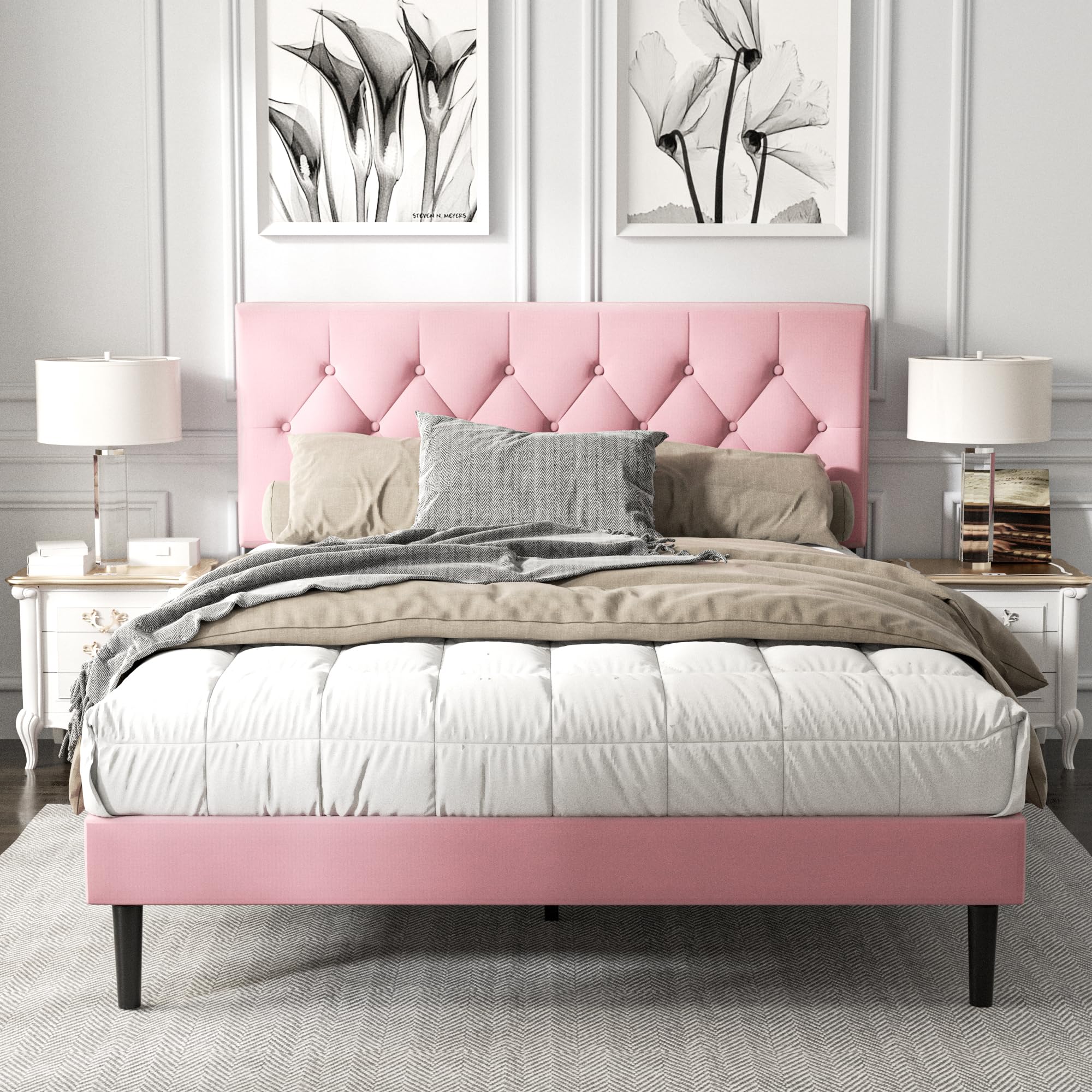 Haoara Queen Size Platform Bed Frame With Upholstered Button Tufted Headboard, Mattress Foundation With Wooden Slat Support, Noise Free, No Box Spring Needed, Easy Assembly, Pink Velvet