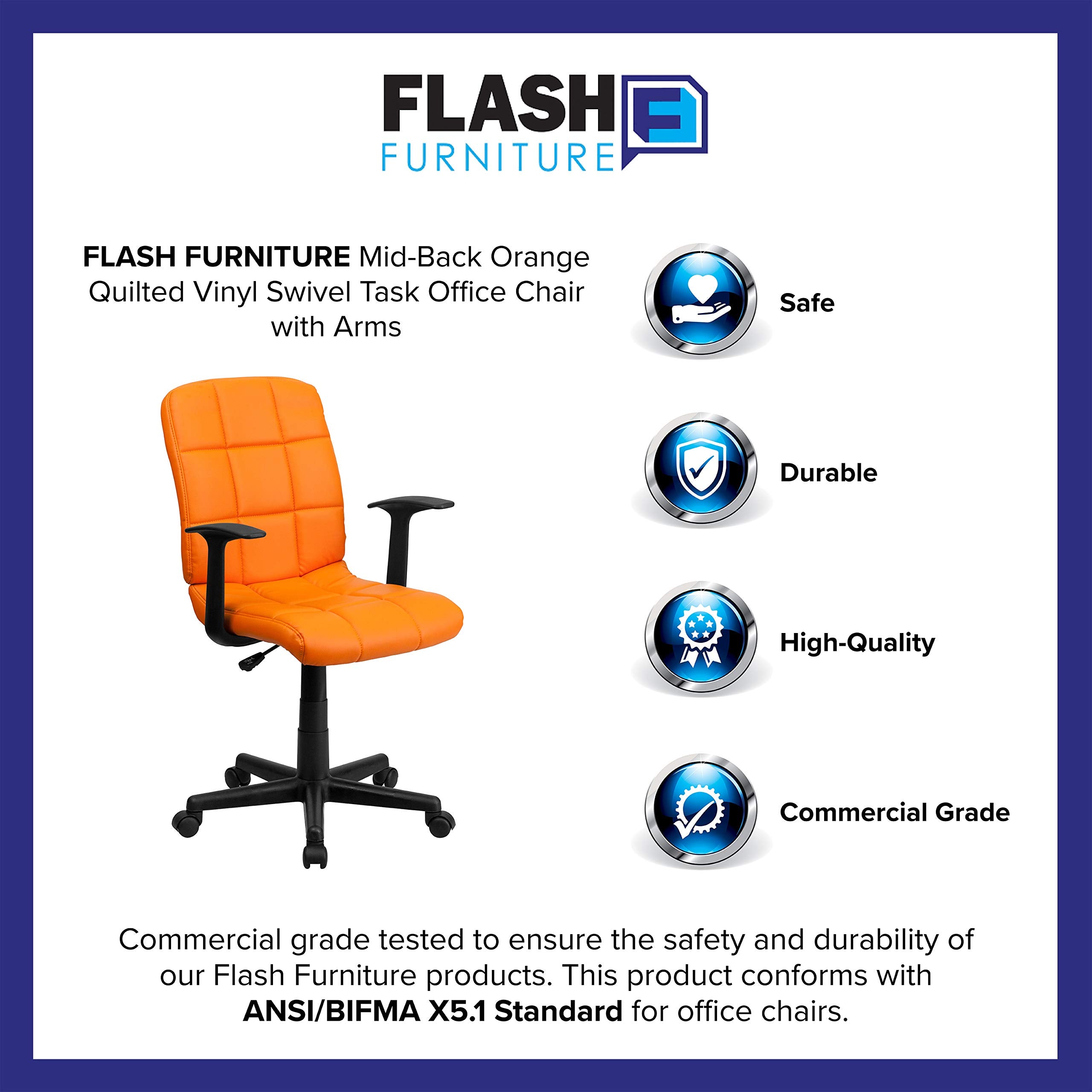 Flash Furniture Clayton Mid-Back Orange Quilted Vinyl Swivel Task Office Chair with Arms