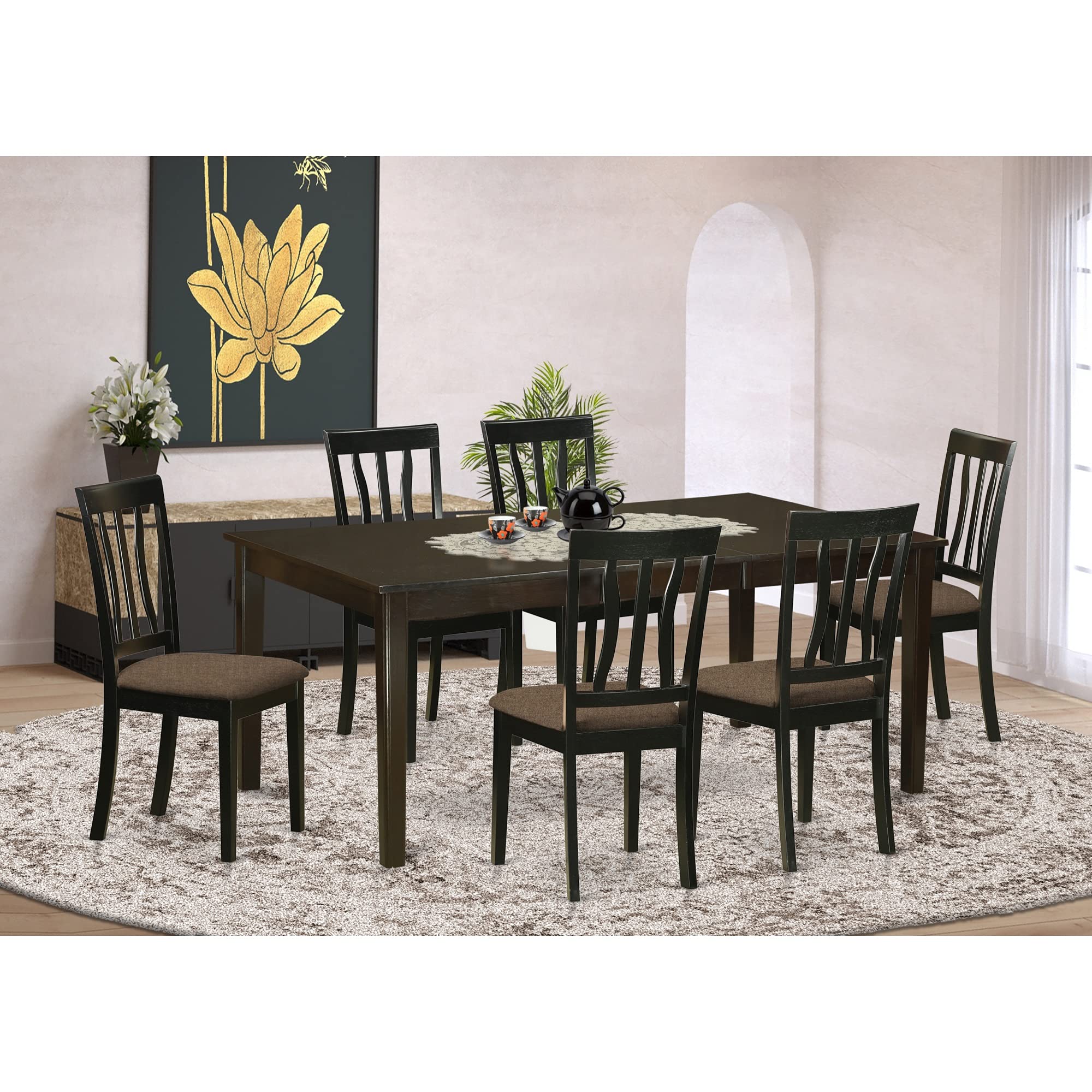 East West Furniture HEAN7-CAP-C Henley 7 Piece Kitchen Set Consist of a Rectangle Table with Pedestal and 6 Linen Fabric Dining Room Chairs, 42x72 Inch, Cappuccino