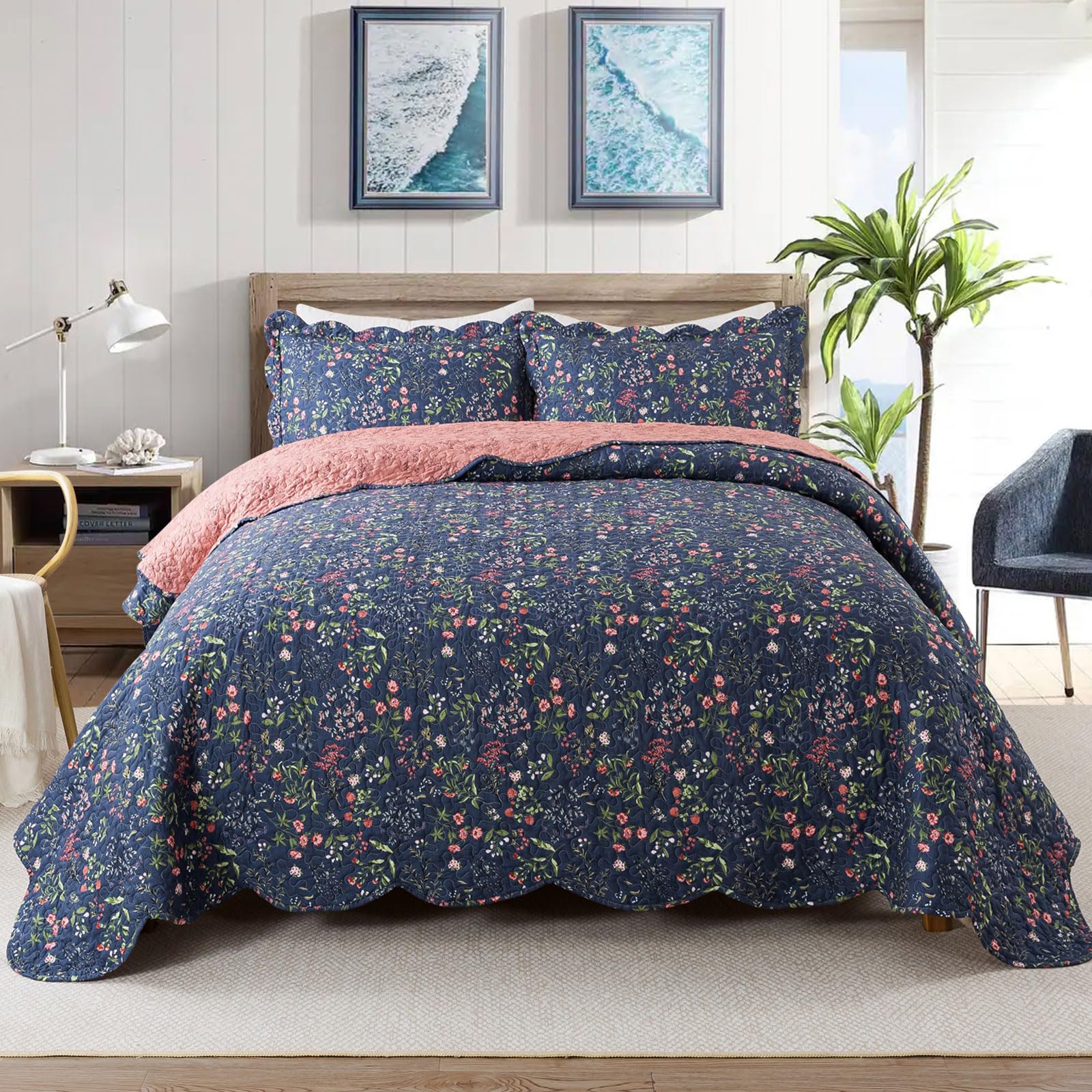 Travan 3-Piece Quilt Set Quilted Bedspread Lightweight Coverlet Set Garden Style Floral Printed Oversized Quilted Bedding Set Fo