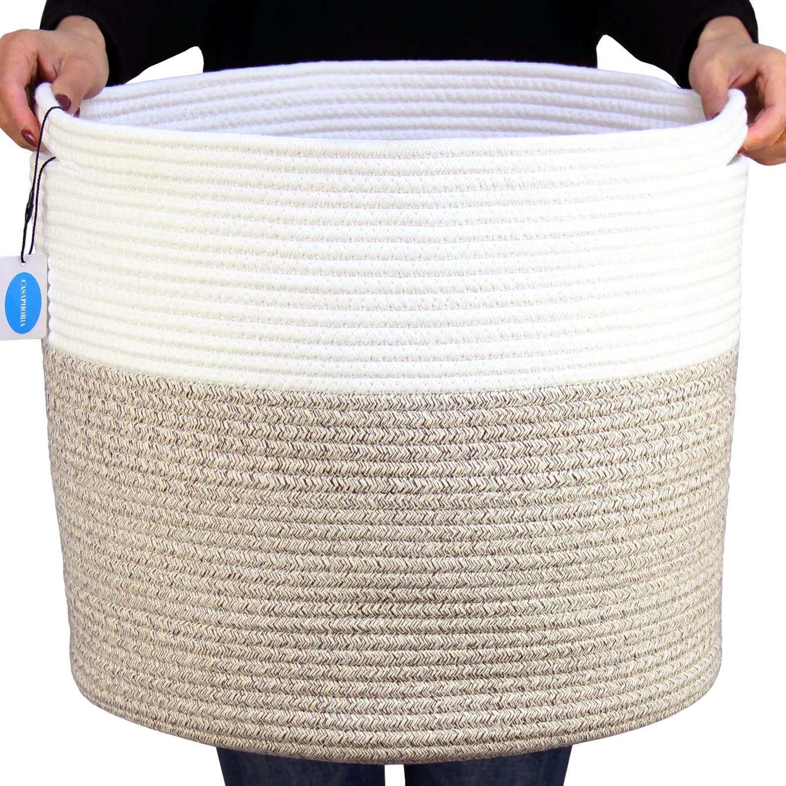 Casaphoria Large Cotton Rope Storage Baskets with Handles for Organizing,Round Woven Baskets for Blanket Pillows,Tall Woven Cott