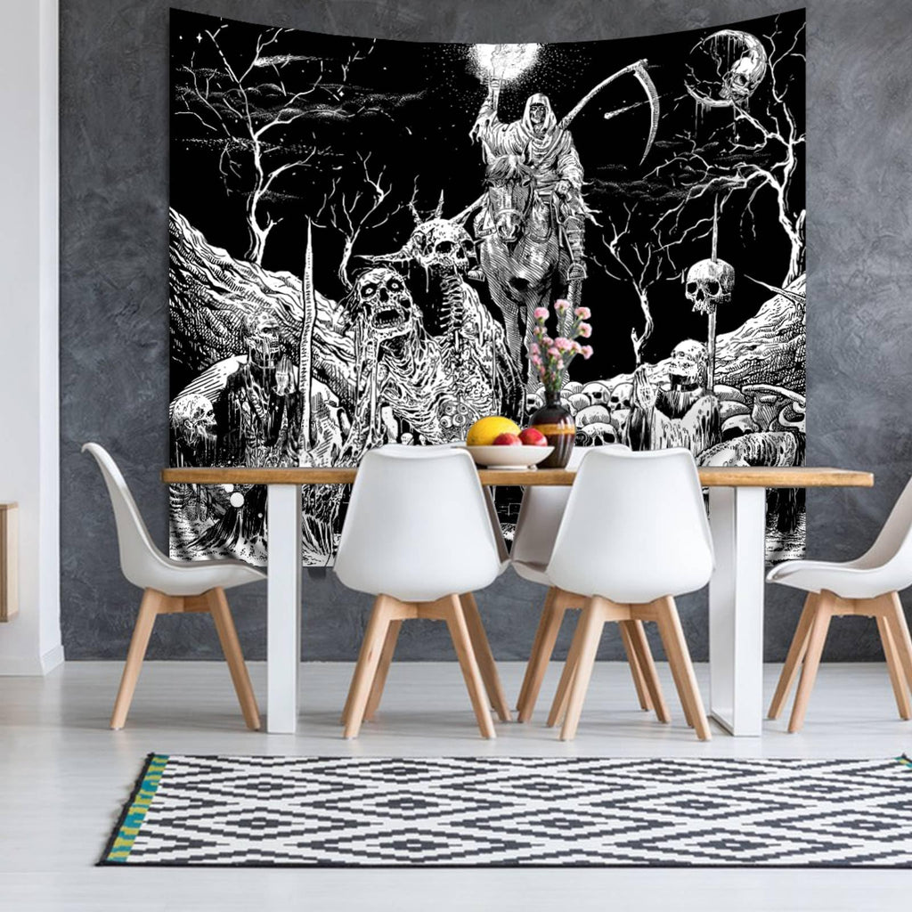 Apdidl Black And White Goth Skull Tapestry For Bedroom, Gothic Skeleton Halloween Wall Tapestries Aesthetic, Horror Ghost Rider