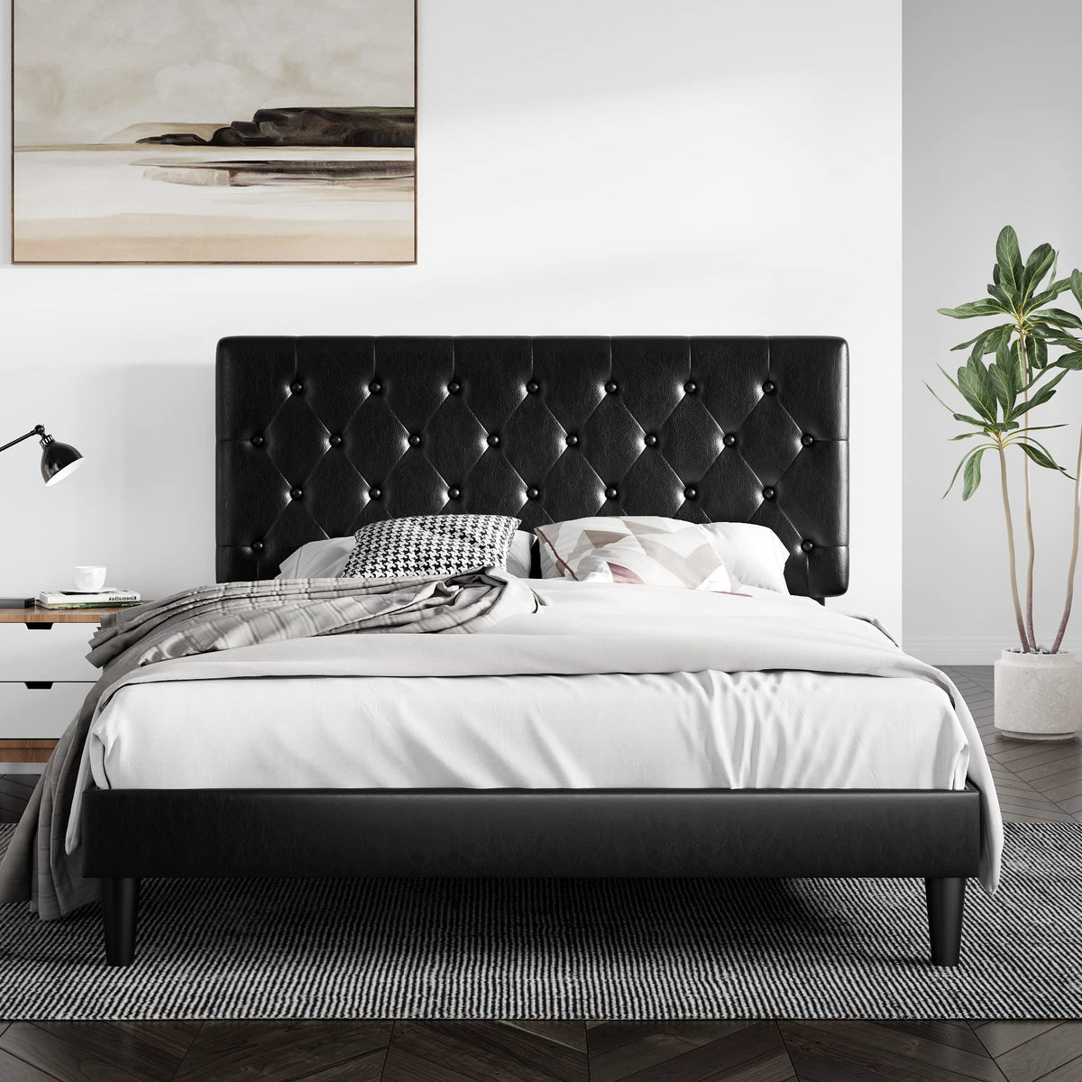 Sha Cerlin Queen Size Platform Bed Frame With Button Tufted Headboard, Faux Leather Upholstered Mattress Foundation, Wooden Slat Support, No Box Spring Needed, Black