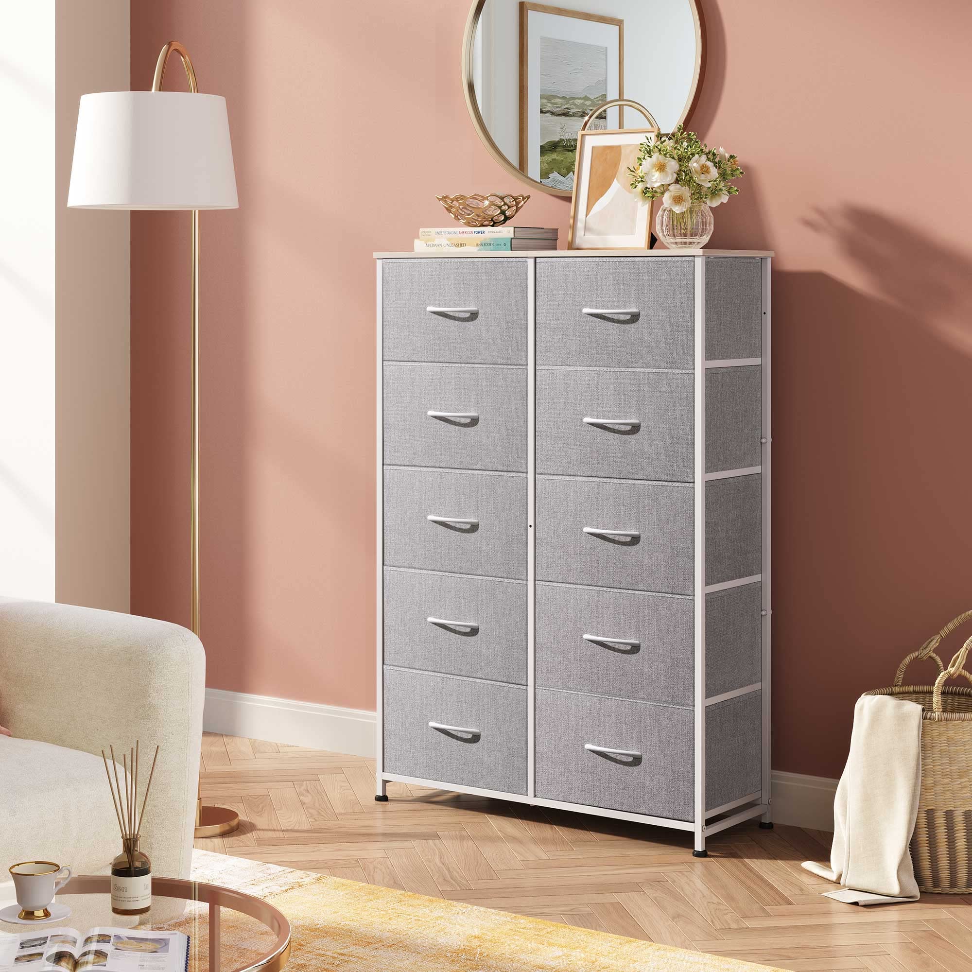Wlive 10-Drawer Dresser, Fabric Storage Tower For Bedroom, Hallway, Nursery, Closets, Tall Chest Organizer Unit With Textured Print Fabric Bins, Steel Frame, Wood Top, Easy Pull Handle, Light Grey