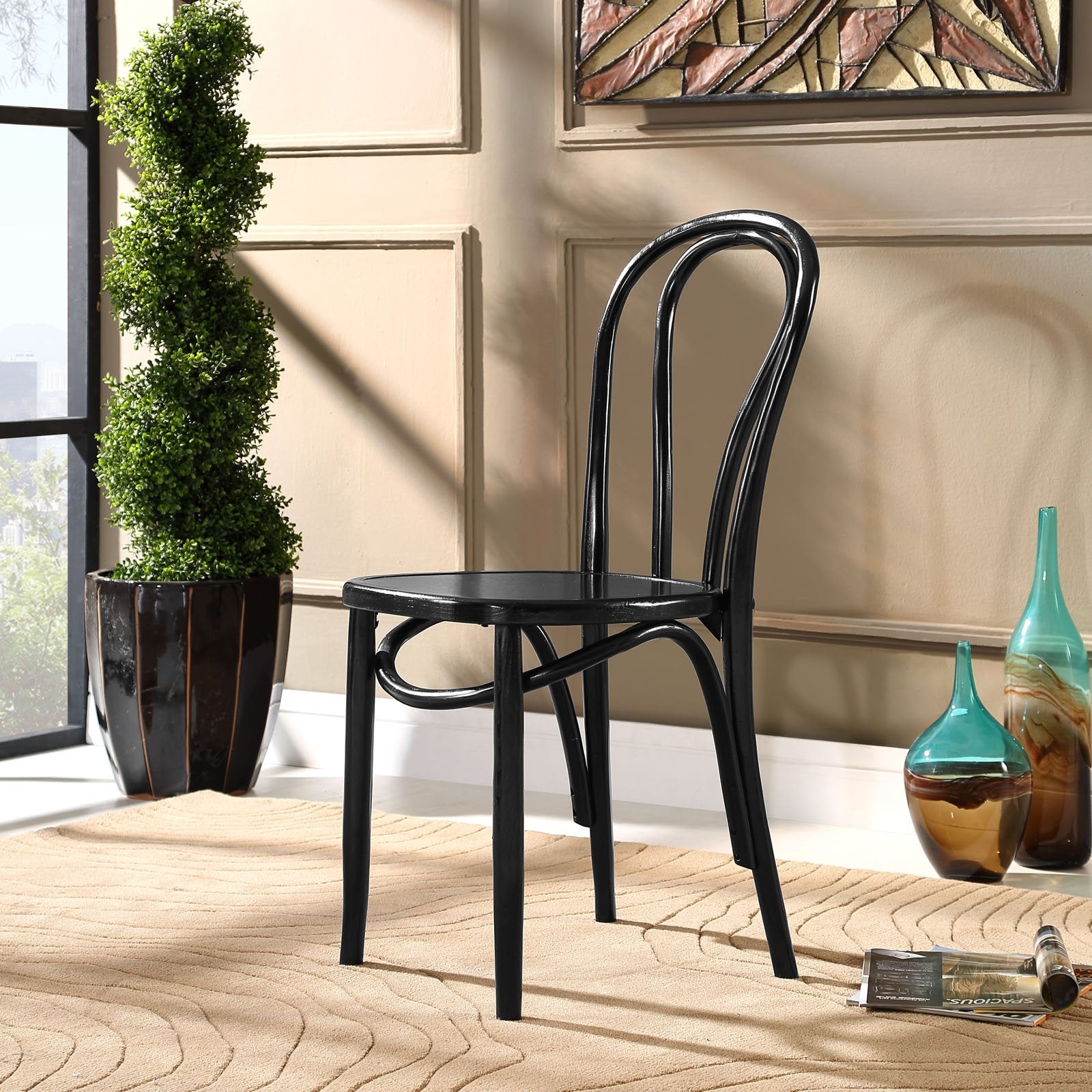 Modway Eon Natural Elm Wood Kitchen and Dining Room Chair in Black - Fully Assembled