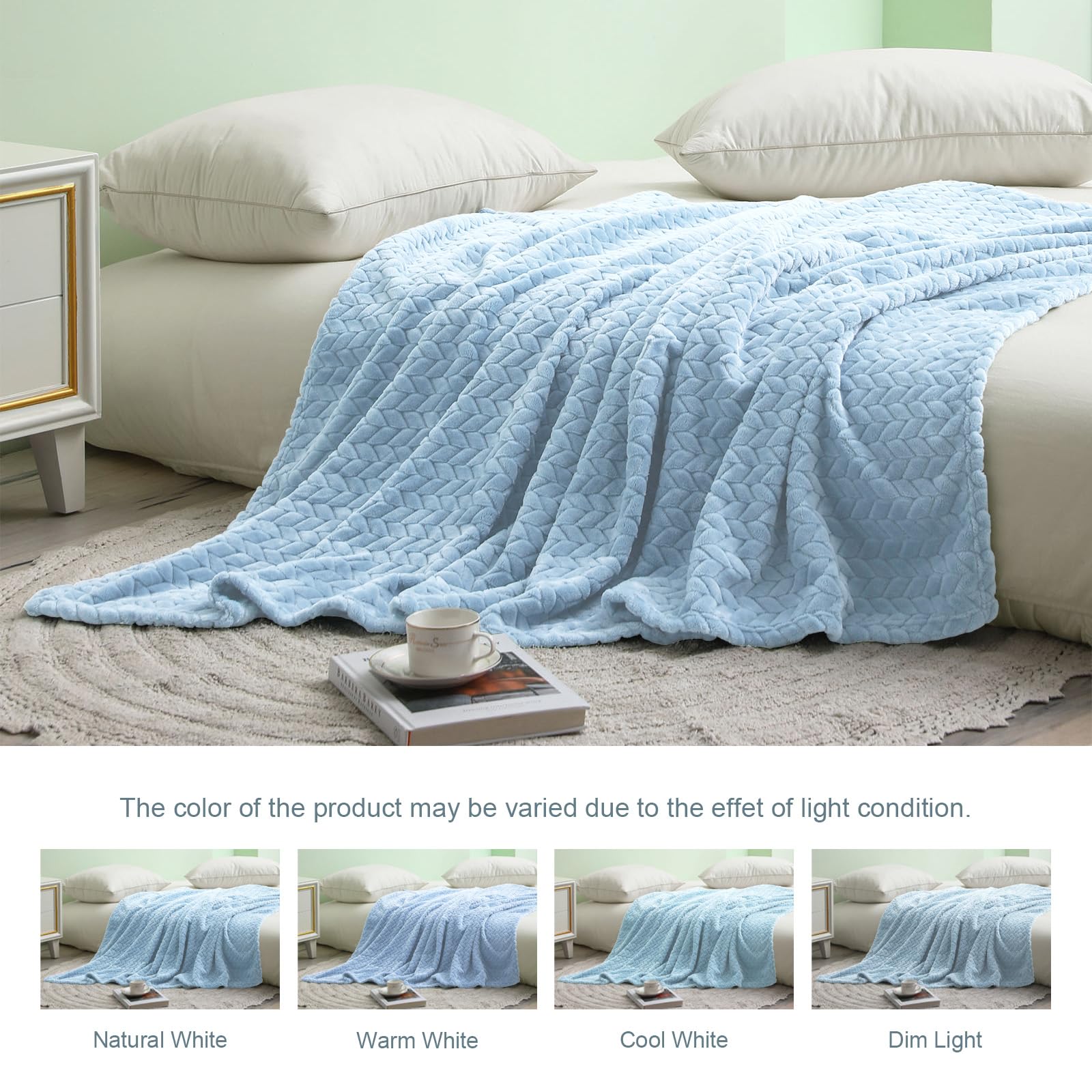 Exclusivo Mezcla Light Blue Fleece King Size Blanket For Bed, 90X104 Inches Soft Cozy 3D Decorative Jacquard Flannel Blankets, L