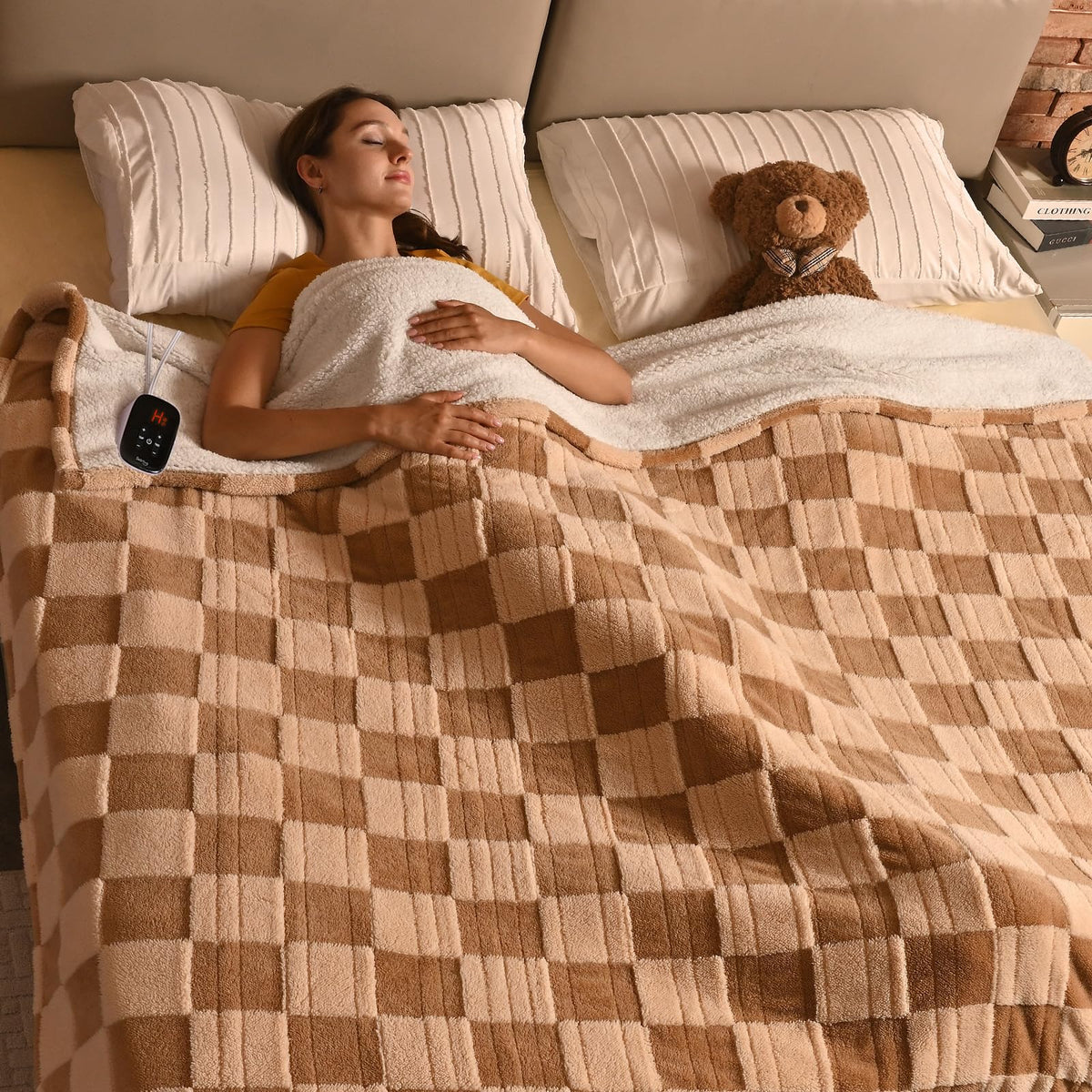 Bearhug Electric Blanket Full Size 77' X 84', Reversible Brown Plaid Sherpa Heated Blanket, 10 Heating Levels & 1-12H Auto Off