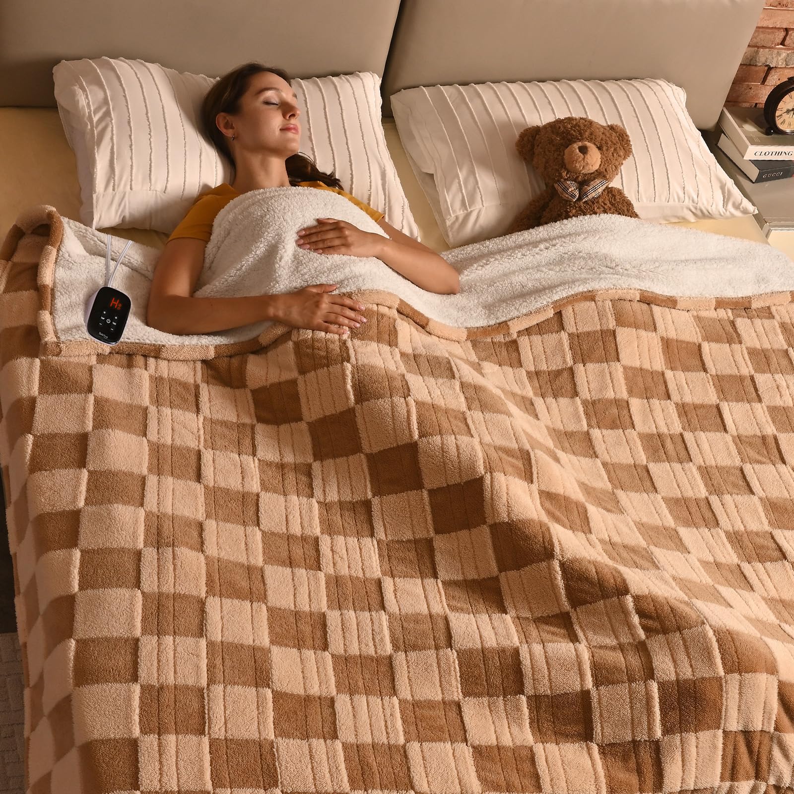 Bearhug Electric Blanket Full Size 77' X 84', Reversible Brown Plaid Sherpa Heated Blanket, 10 Heating Levels & 1-12H Auto Off