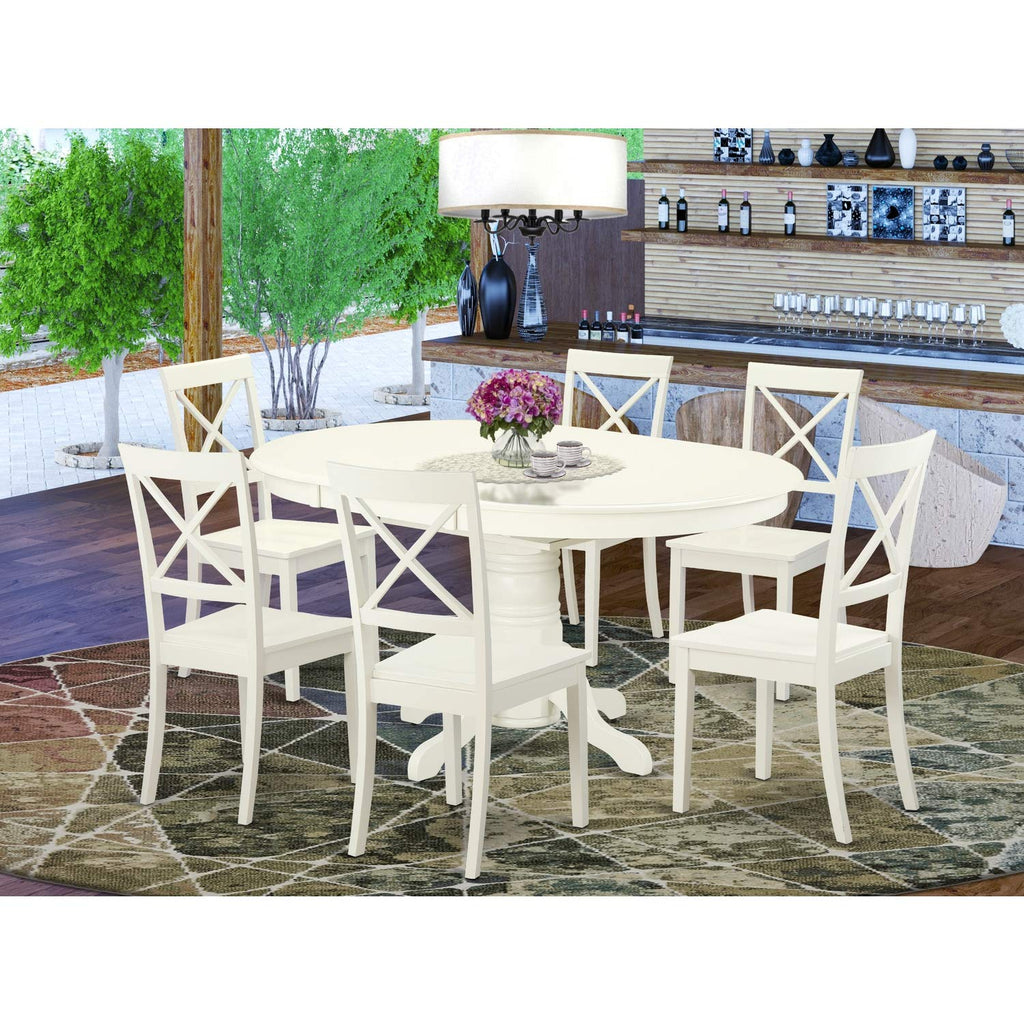 East West Furniture AVBO7-LWH-W Dining Room Table Set - 6 Kitchen Dining Chairs with Wooden Seat - A Wonderful Butterfly Leaf Dining Room Table (Linen White Finish)
