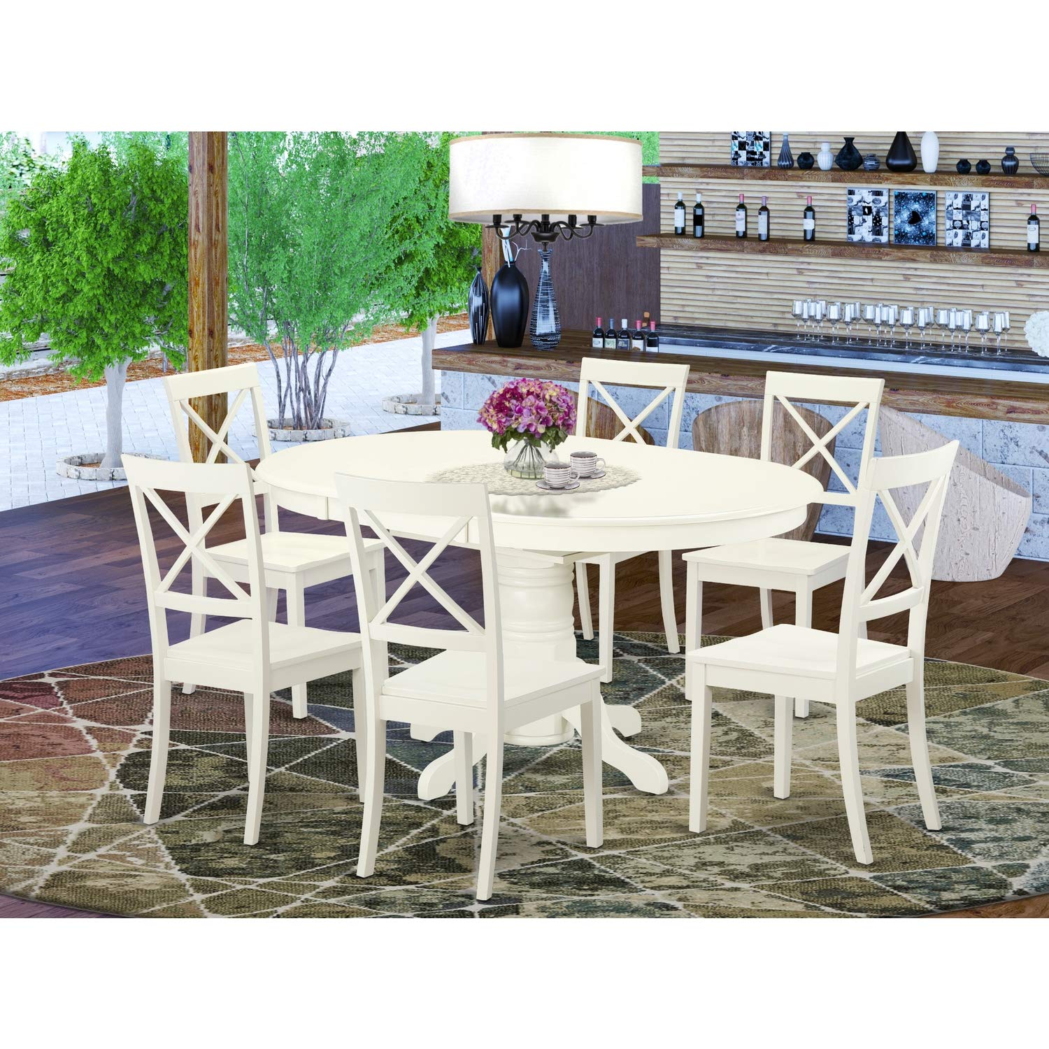 East West Furniture AVBO7-LWH-W Dining Room Table Set - 6 Kitchen Dining Chairs with Wooden Seat - A Wonderful Butterfly Leaf Dining Room Table (Linen White Finish)