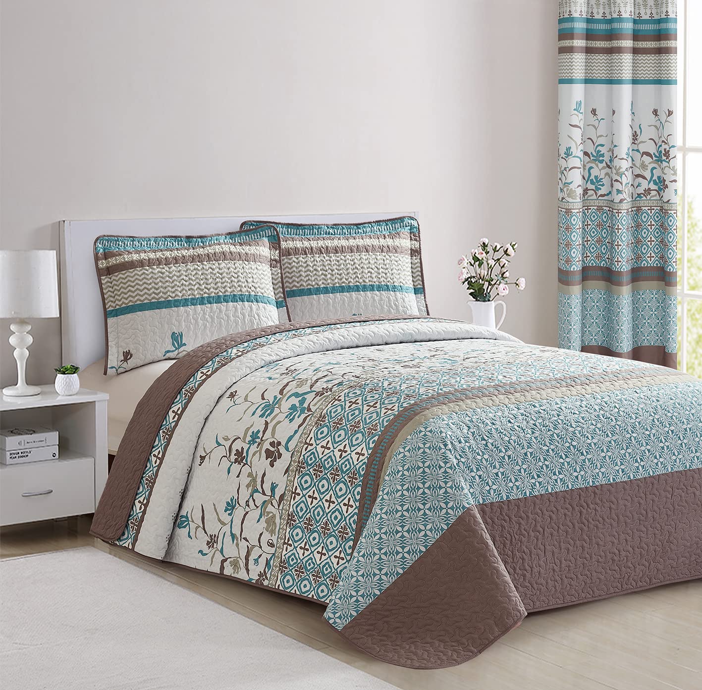 All American Collection 3 Pc Floral Printed Brown And Turquoise Reversible Bedspread Quilt Set Coverlet And Pillow Sham Set ( Br