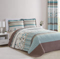All American Collection 3 Pc Floral Printed Brown And Turquoise Reversible Bedspread Quilt Set Coverlet And Pillow Sham Set Full