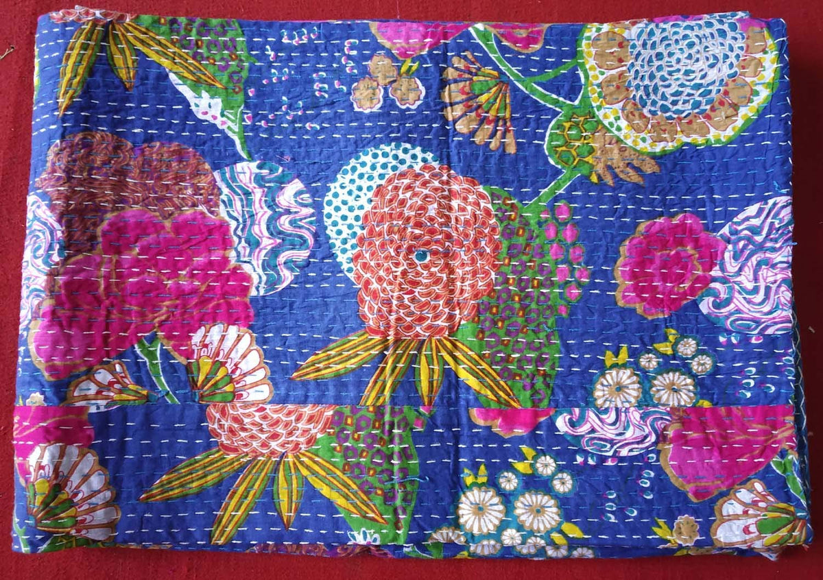 Textile Work Creations Jaipuri Quilt Handmade Bed Cover Cotton Kantha Blanket Throw Home Decor Bedspread Bedsheet, Twin Size, Mu
