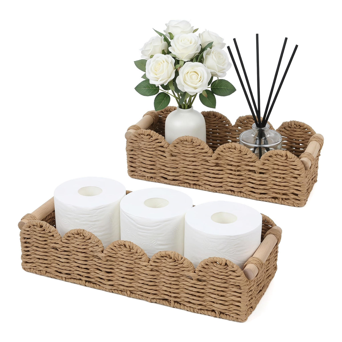 WisveraDes Upgraded Paper Rope Storage Basket Set of 2 with Wooden Handles