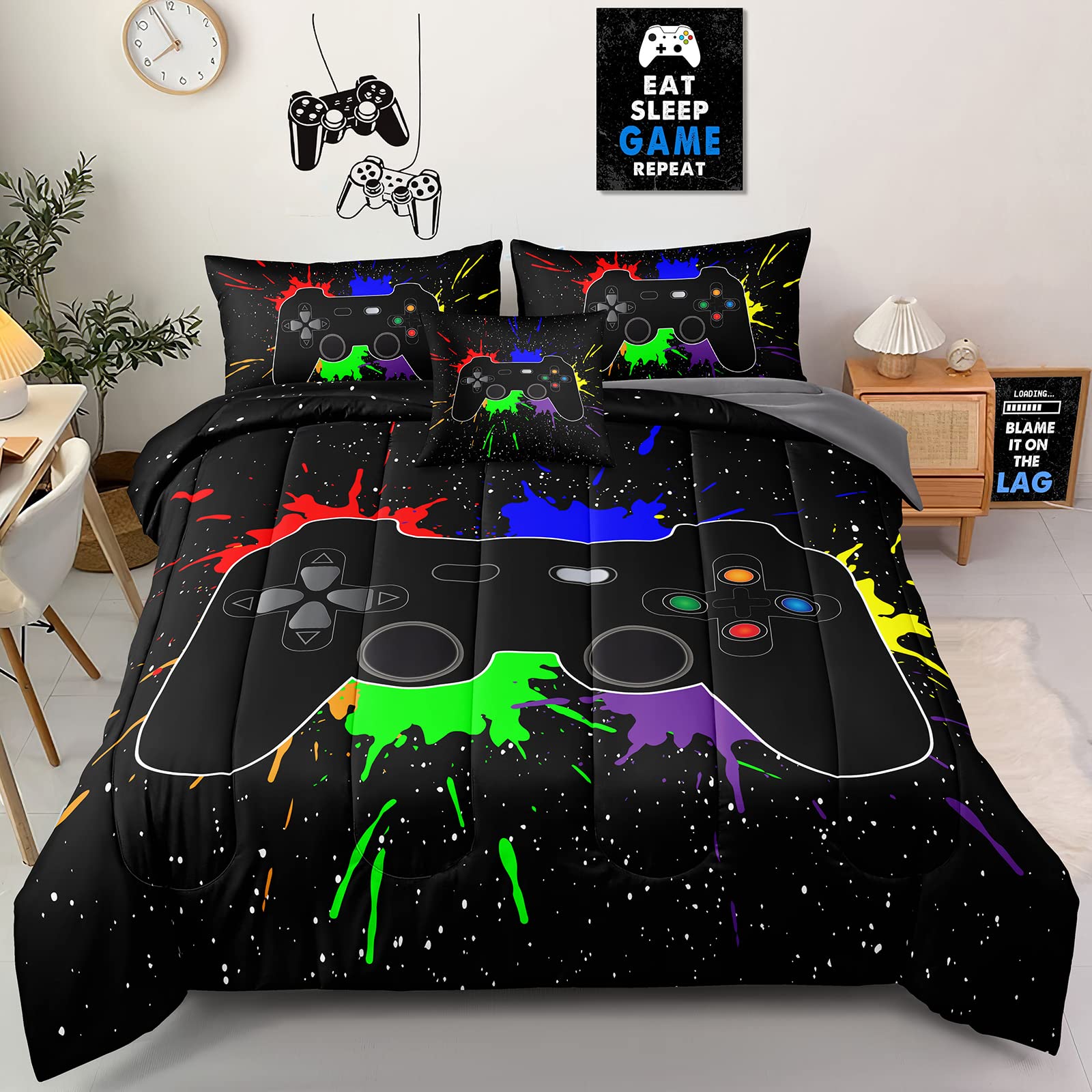 Z.Jian Home 5 Pieces Gaming Bedding Set Twin Size For Boys Gamer Comforter Set For Boys Girls Kids Teens 5 Piece Bed In A Bag Vi