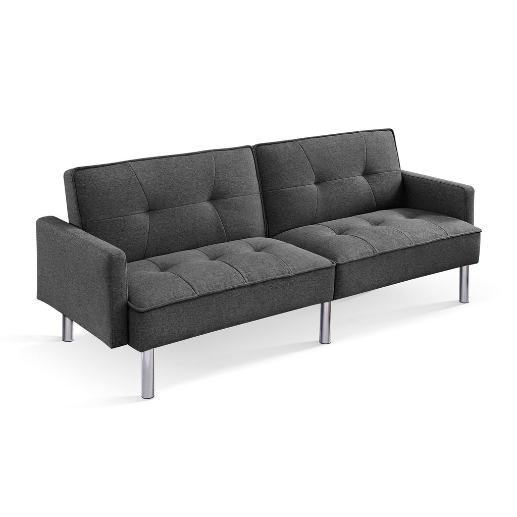 American Furniture Classics Dark Grey Tufted Futon Convertible Sofa Sleeper with Two Throw Pillows Velvet, 85" x 35" x 35"