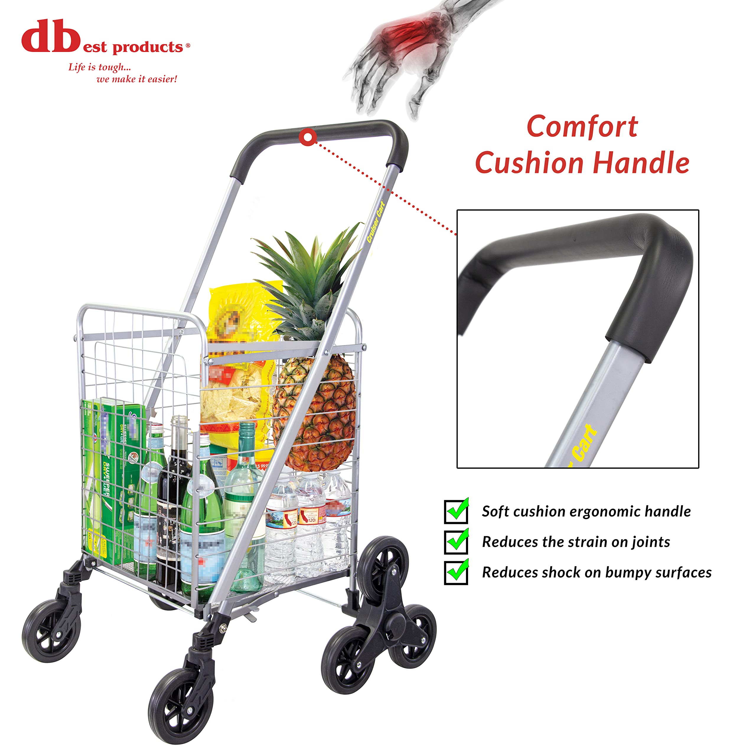 Dbest Products Stair Climber Cruiser Cart Shopping Grocery Rolling Folding Laundry Basket On Wheels Foldable Utility Trolley Compact Lightweight Collapsible, Silver