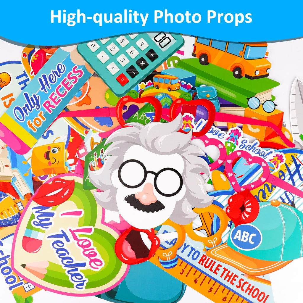 Qpout 35Pcs Novelty Back To School Photo Booth Props For Kids,First Day Of School Party Supplies Kit,School Bus Photo Prop,Welco