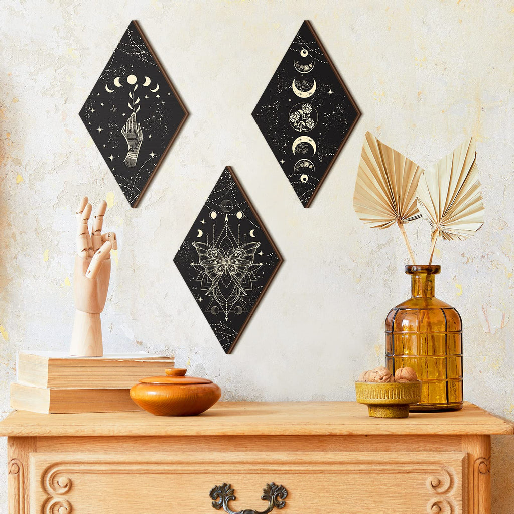 Ferraycle 3 Pcs Rustic Boho Wall Decor Moon Phases Butterfly Wall Art Stars Moon Decor Minimalist Room Decor Wooden Gothic Witch