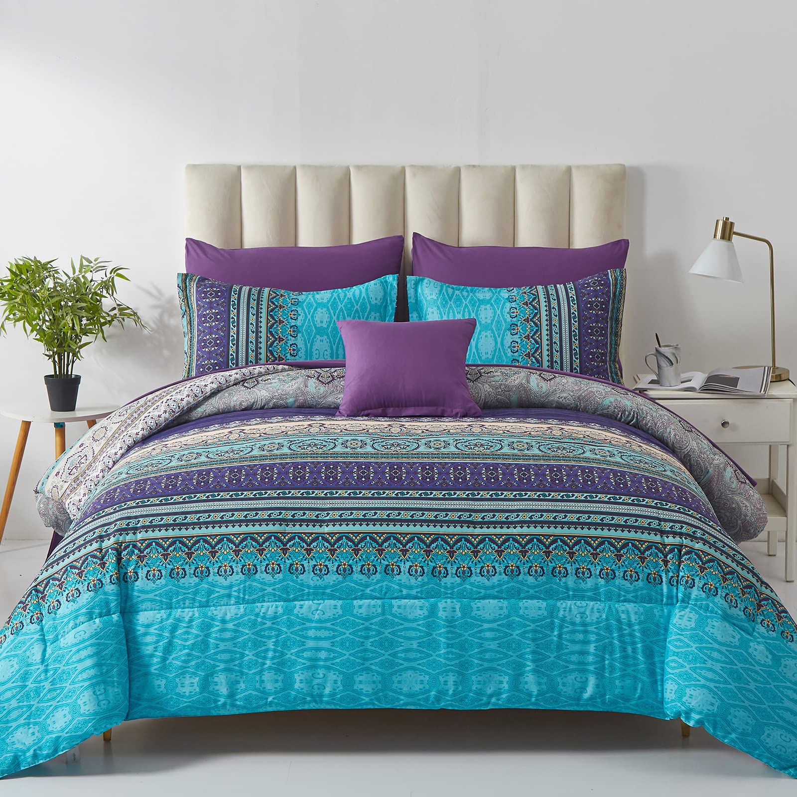 Boho Green Comforter Set Full Size,8 Piece Bed In A Bag Bohemian Striped Bedding Quilt Set,Dark Green Paisley Floral Comforter A