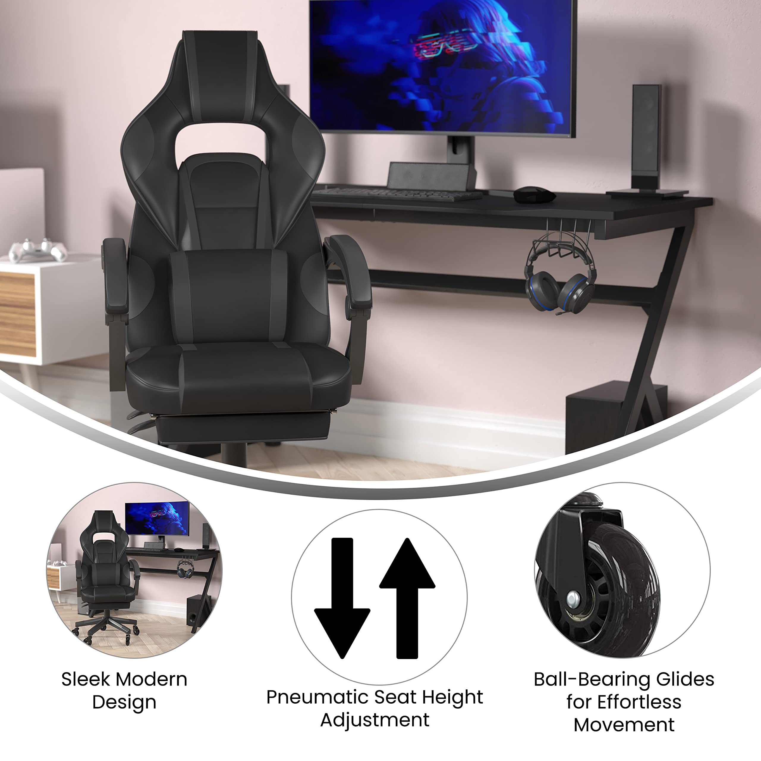 Flash Furniture X40 Gaming Chair Racing Computer Chair With Fully Reclining Back/Arms And Transparent Roller Wheels, Slide-Out Footrest, - Black/Gray