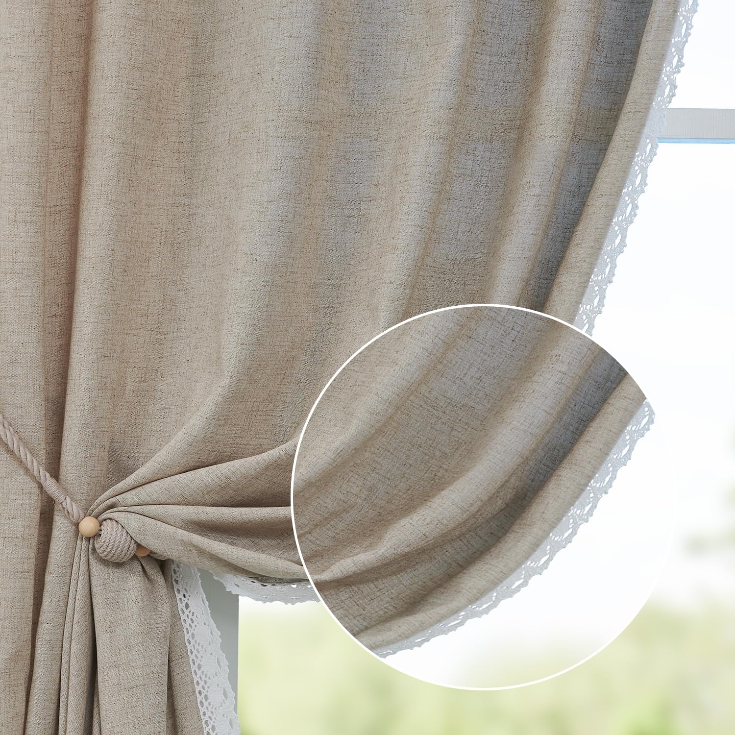 Jinchan Linen Blend Curtains 90 Inches Long 2 Panels Farmhouse Curtains With Lace Trim For Living Room Taupe Rustic Curtains Rod Pocket Back Tab Light Filtering Curtains Bedroom Window Curtain Set