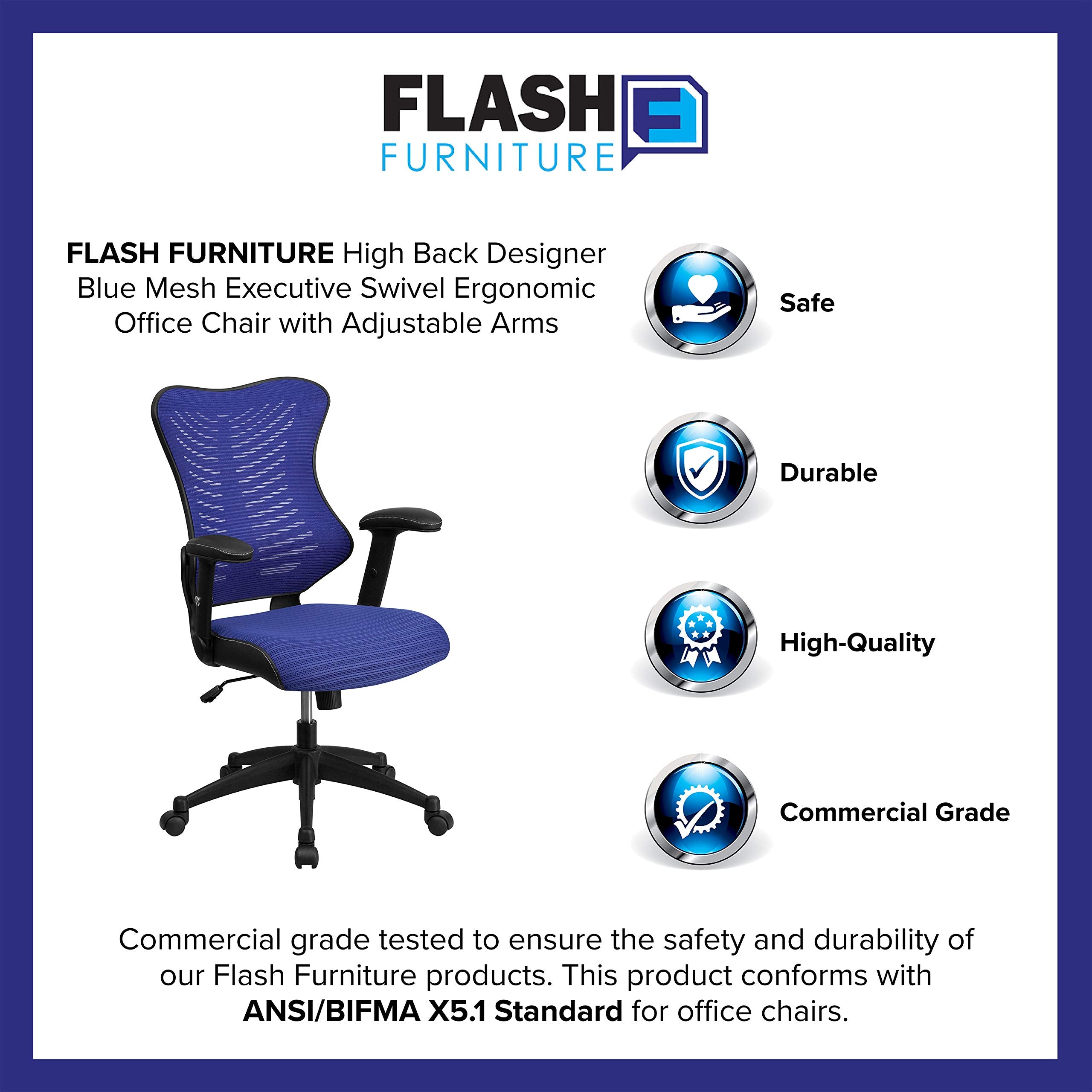 Flash Furniture Kale High Back Designer Blue Mesh Executive Swivel Ergonomic Office Chair with Adjustable Arms