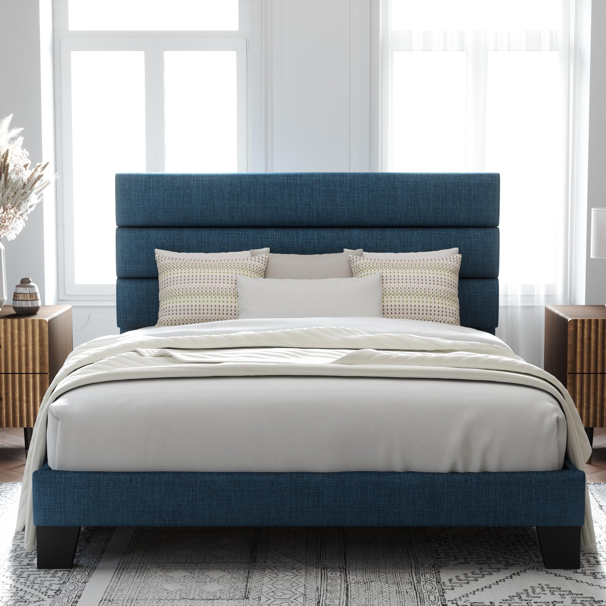 Allewie Queen Size Platform Bed Frame With Fabric Upholstered Headboard And Wooden Slats Support, Fully Upholstered Mattress Foundation/No Box Spring Needed/Easy Assembly, Navy Blue