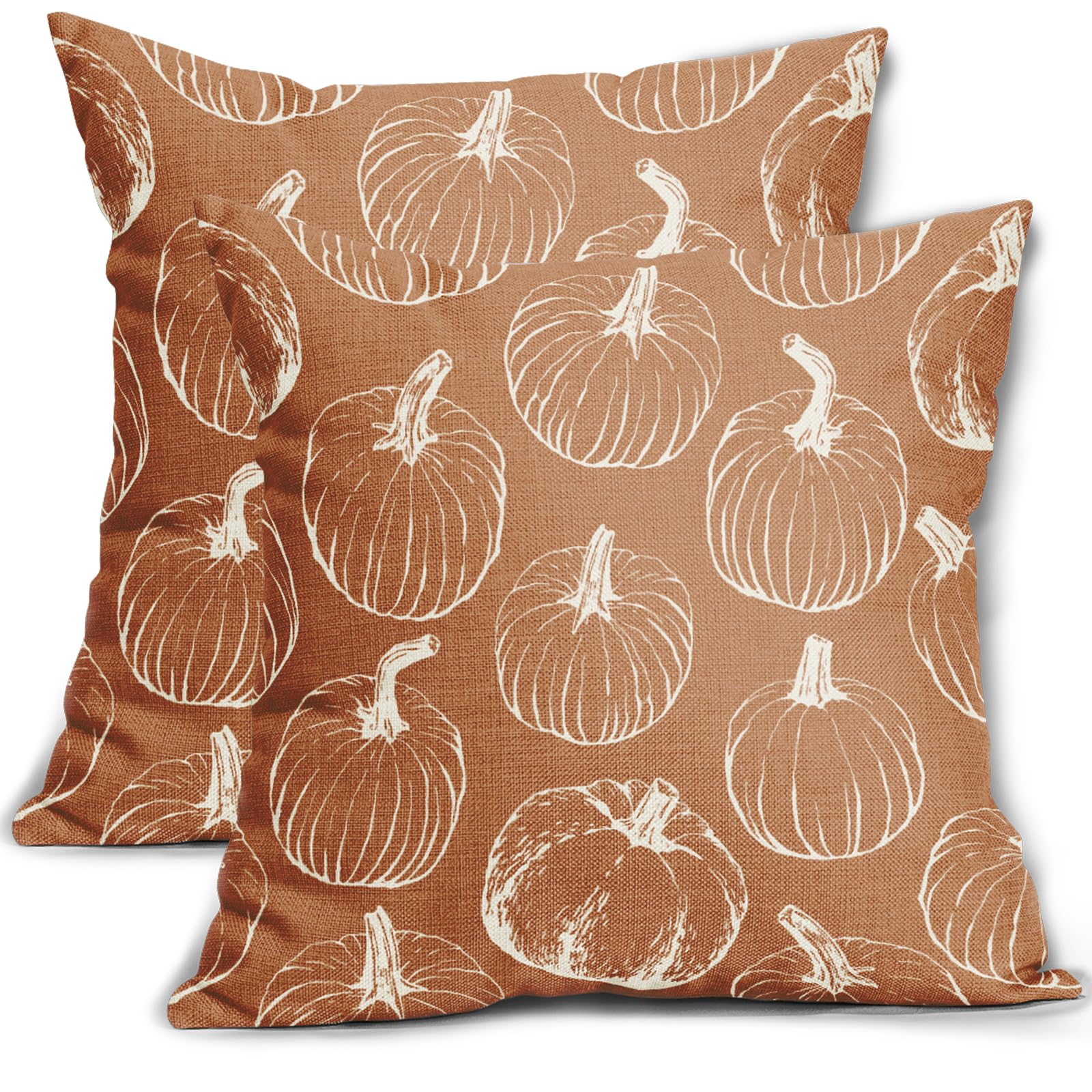 Fall Pumpkin Pillow Covers 18X18 Set Of 2 Autumn Themed Thanksgiving Harvest Burnt Orange Print Decorative Throw Pillows Outdoor