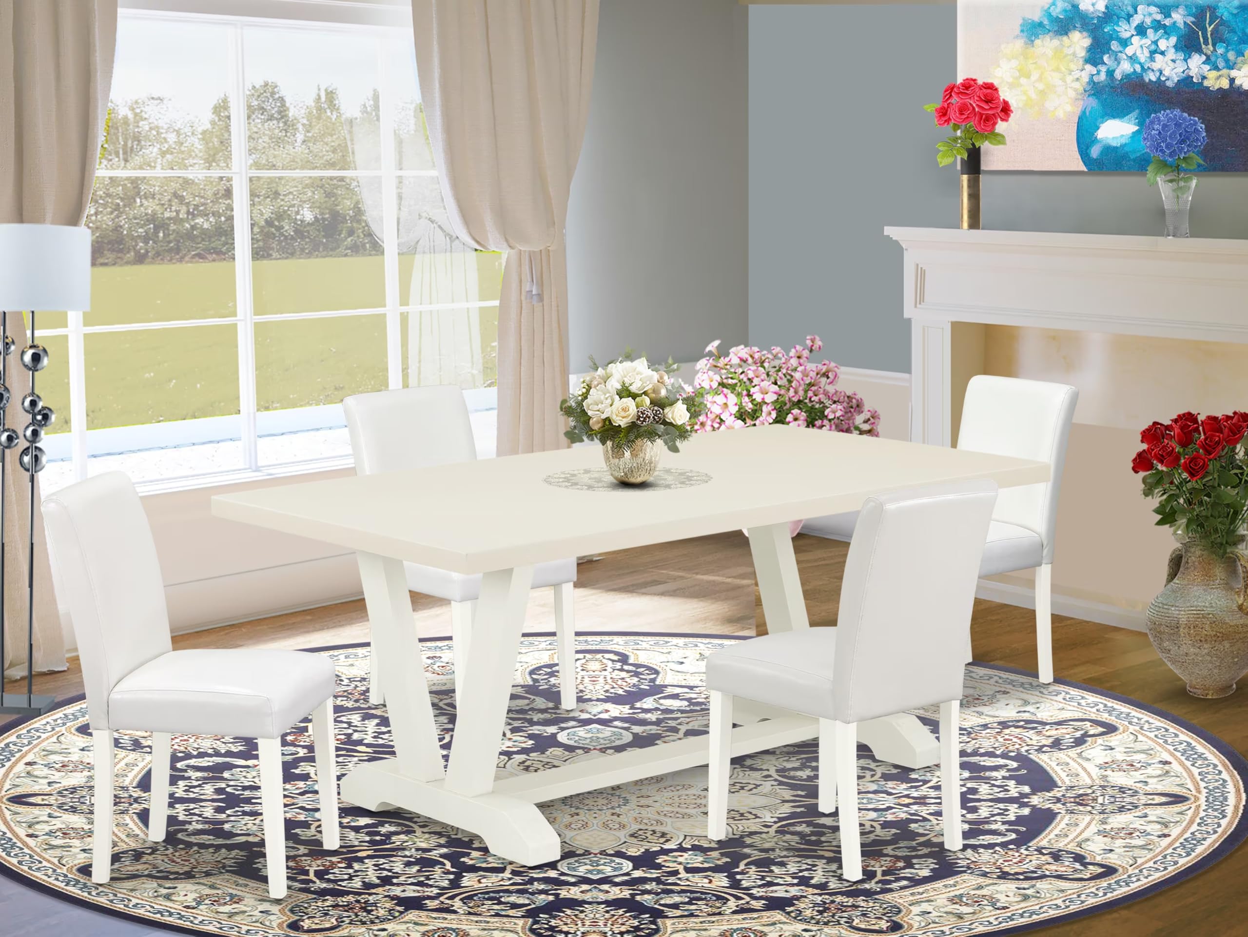 East West Furniture V027Ab264-5 5 Piece Dinette Set Includes A Rectangle Dining Room Table With V-Legs And 4 White Faux Leather Upholstered Parson Chairs, 40X72 Inch, Multi-Color