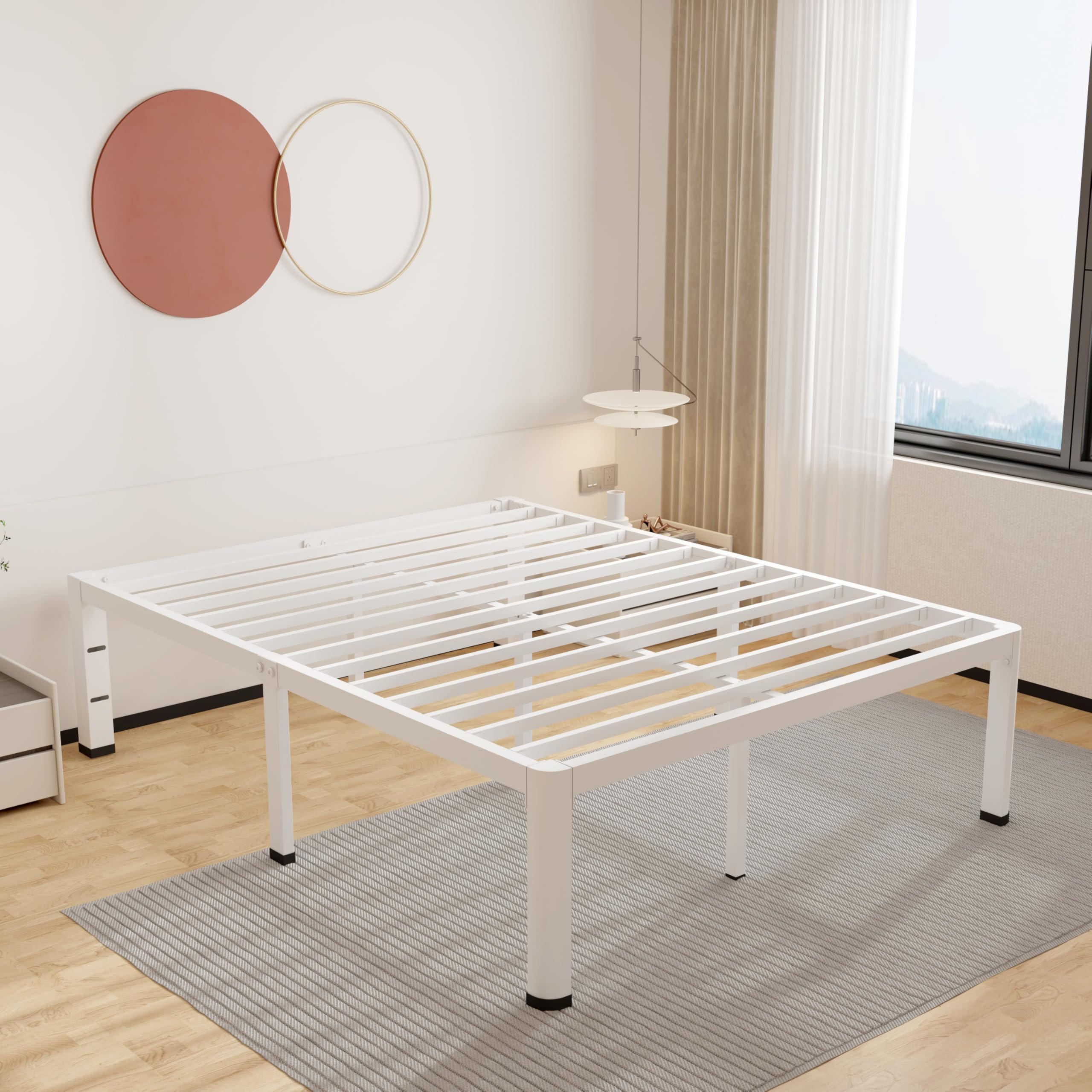 ROIL 14 Inch White Full Size Bed Frame with Rounded Corner and Headboard Hole Mattress Retainers 3500LBS Heavy Duty Steel Slats 