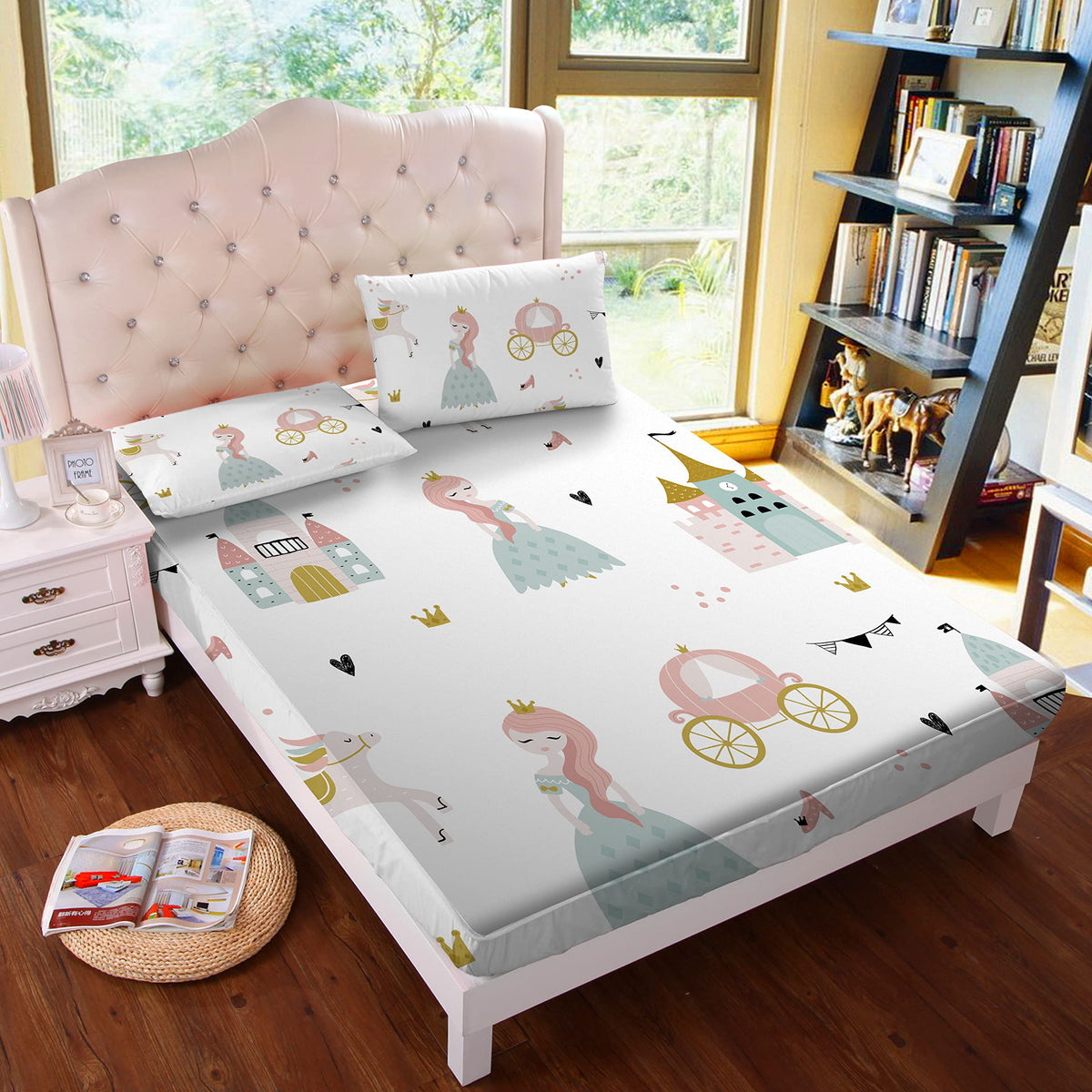 Musolei Princess Fitted Sheet Set Cute Girl Castle Sheet Girls Teens Kids Bedding Set 1 Deep Pocket Fitted Sheet With 2 Pillowca
