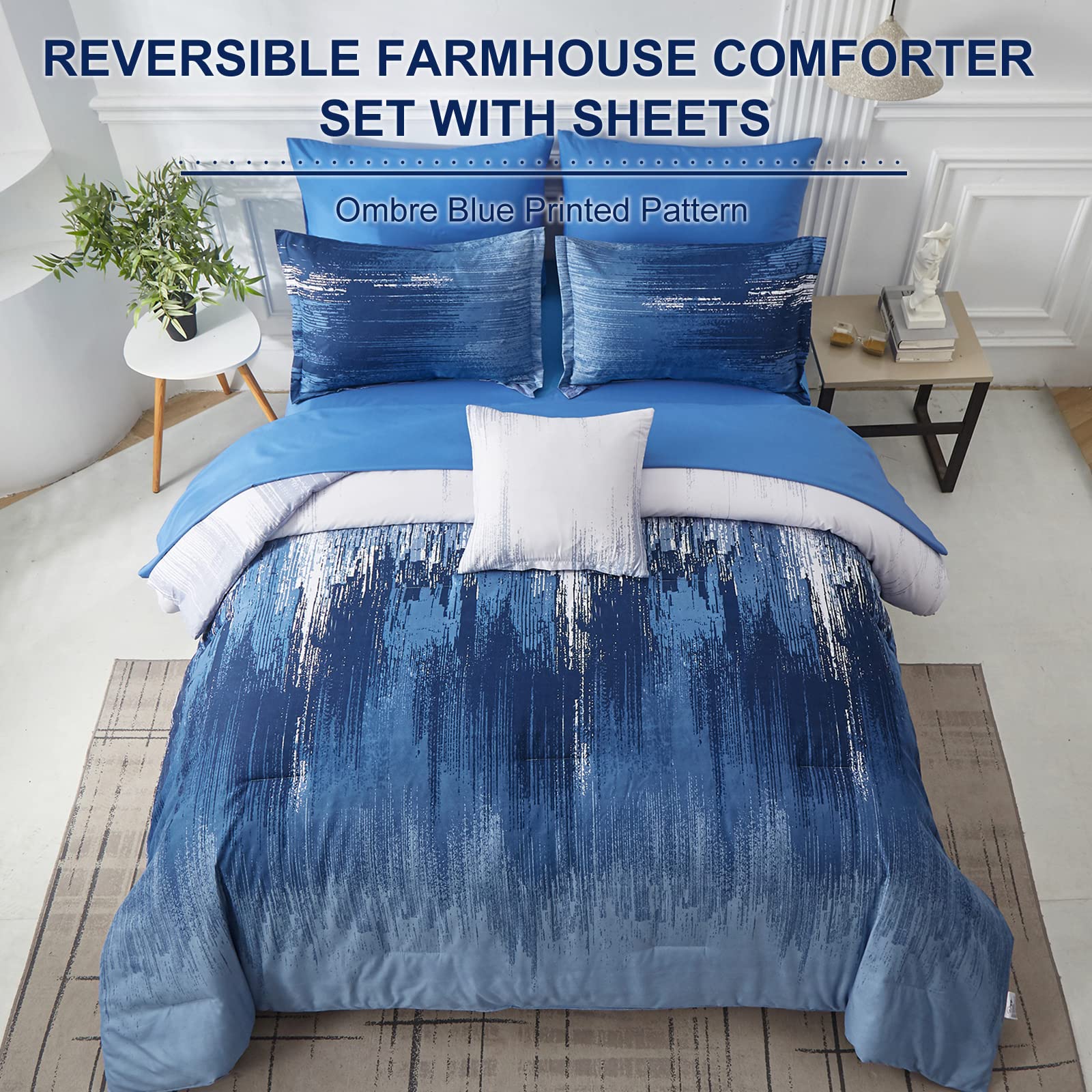 Dinjoy Ombre Blue Comforter Set Twin Size Reversible Gradient Blue Grey Boho Bedding Set For Men Women 7 Pieces Bed In A Bag Boh