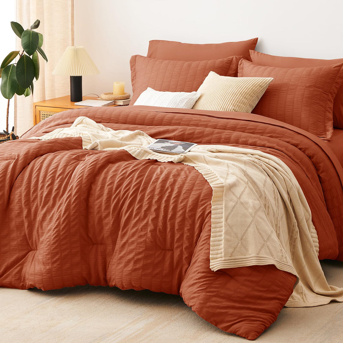 Cozylux Queen Seersucker Comforter Set With Sheets Burnt Orange Bed In A Bag 7-Pieces All Season Bedding Sets With Comforter, Pillow Sham, Flat Sheet, Fitted Sheet, Pillowcase