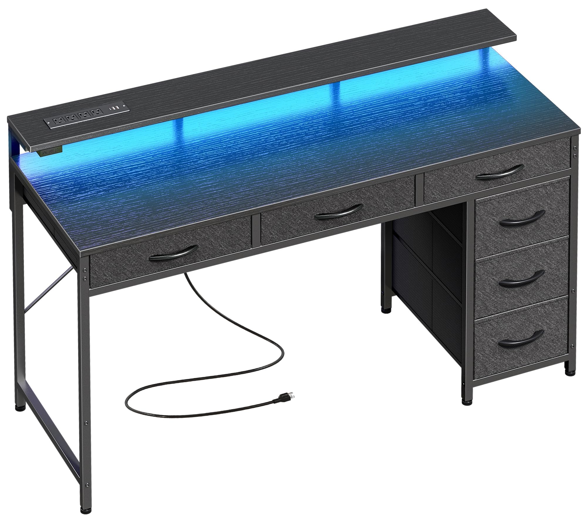 Huuger Gaming Desk with 6 Drawers, Computer Desk with LED Lights Power Outlets and Type-C, 47 Inch Office Table with Storage, Mo