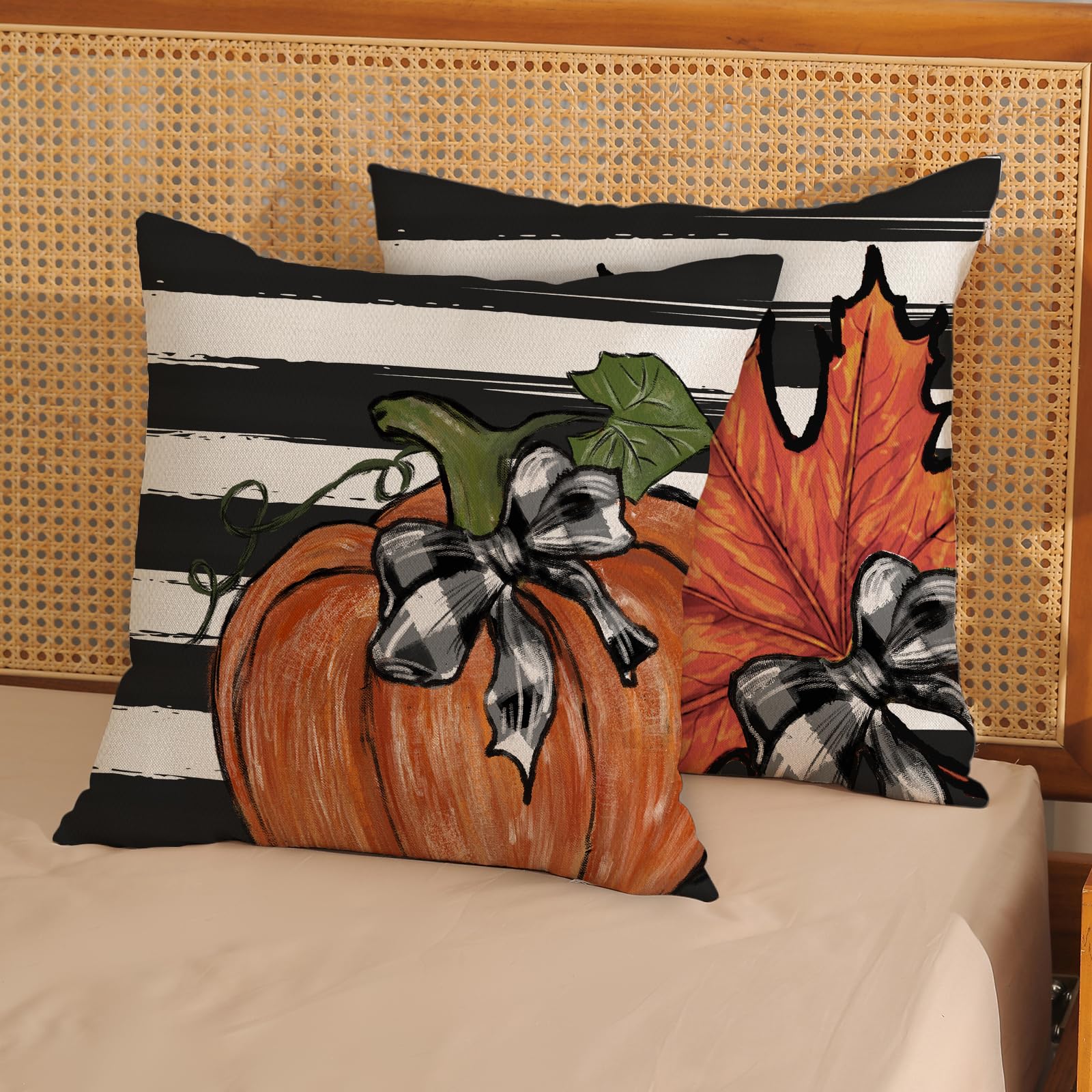 Gohdiwh Fall Pillow Covers 20X20 Set Of 2 Orange Pumpkin Maple Leaves Stripes Fall Decor Pillowcase Autumn Harvest Decorative Ou