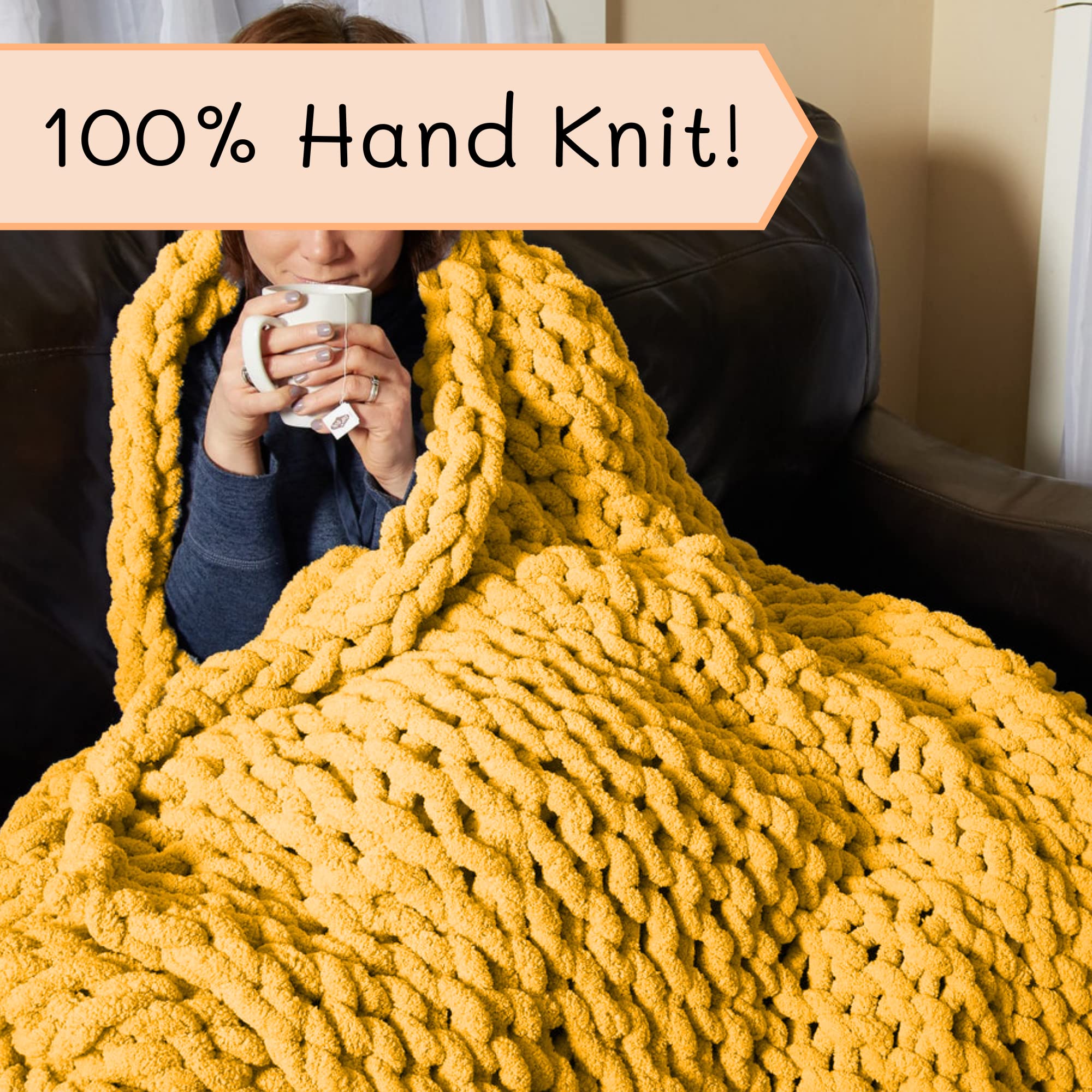 Adyrescia Chunky Knit Blanket Throw | 100% Hand Knit With Jumbo Chenille Yarn (60''X80'', Harvest Yellow)