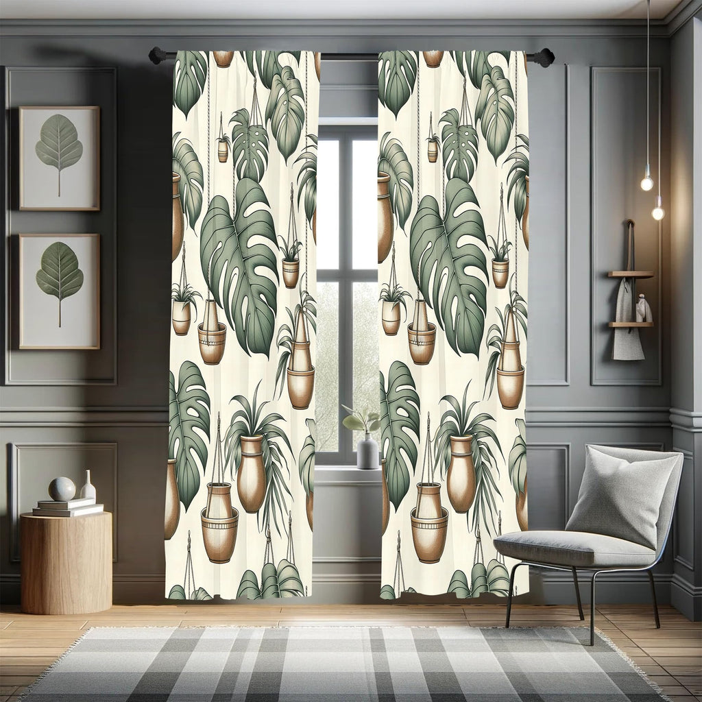Ambesonne Tropical Curtains, Modern Greenery Monstera Leaves and Flowerpots Illustration Bohemian, Window Treatments 2 Panel Set