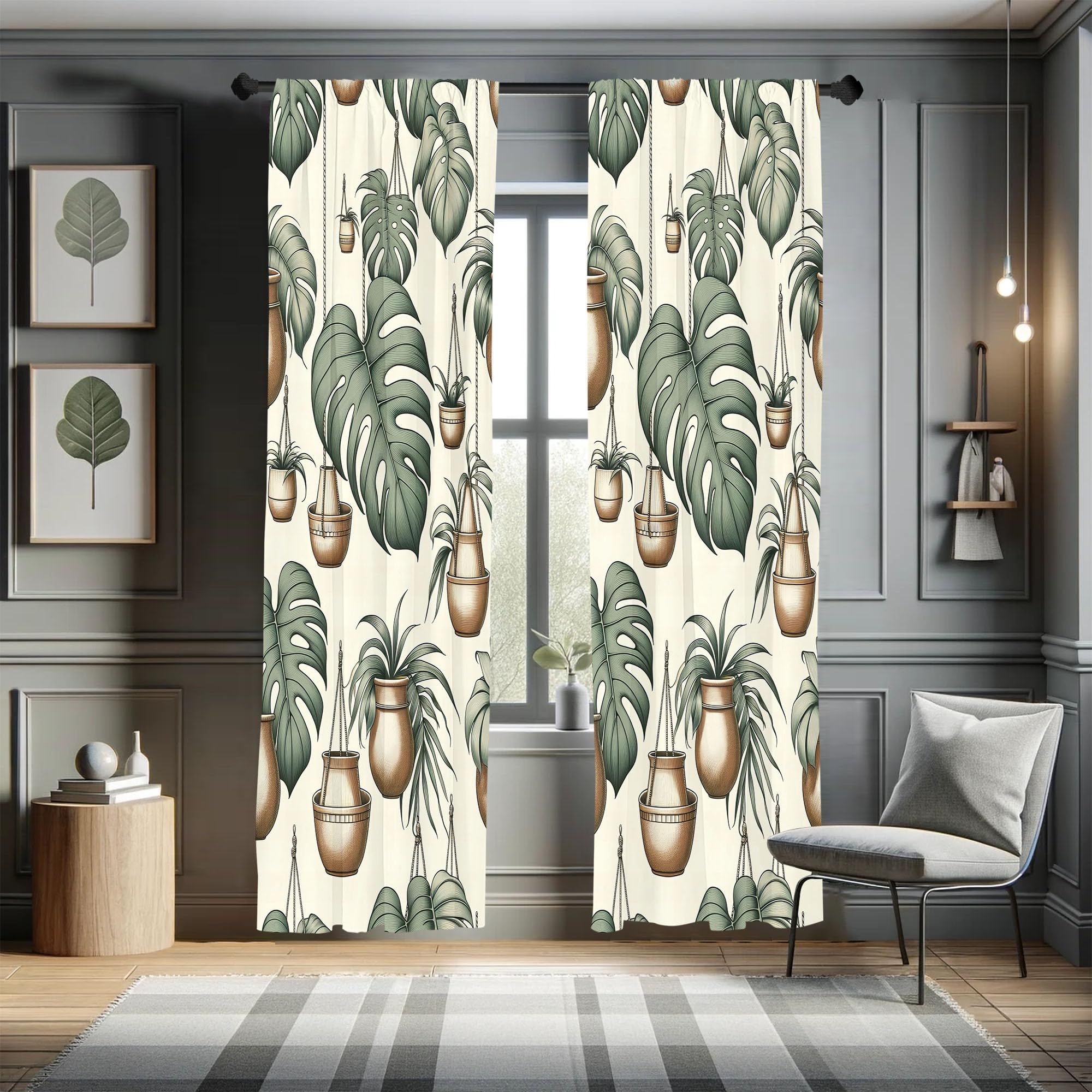 Ambesonne Tropical Curtains, Modern Greenery Monstera Leaves and Flowerpots Illustration Bohemian, Window Treatments 2 Panel Set