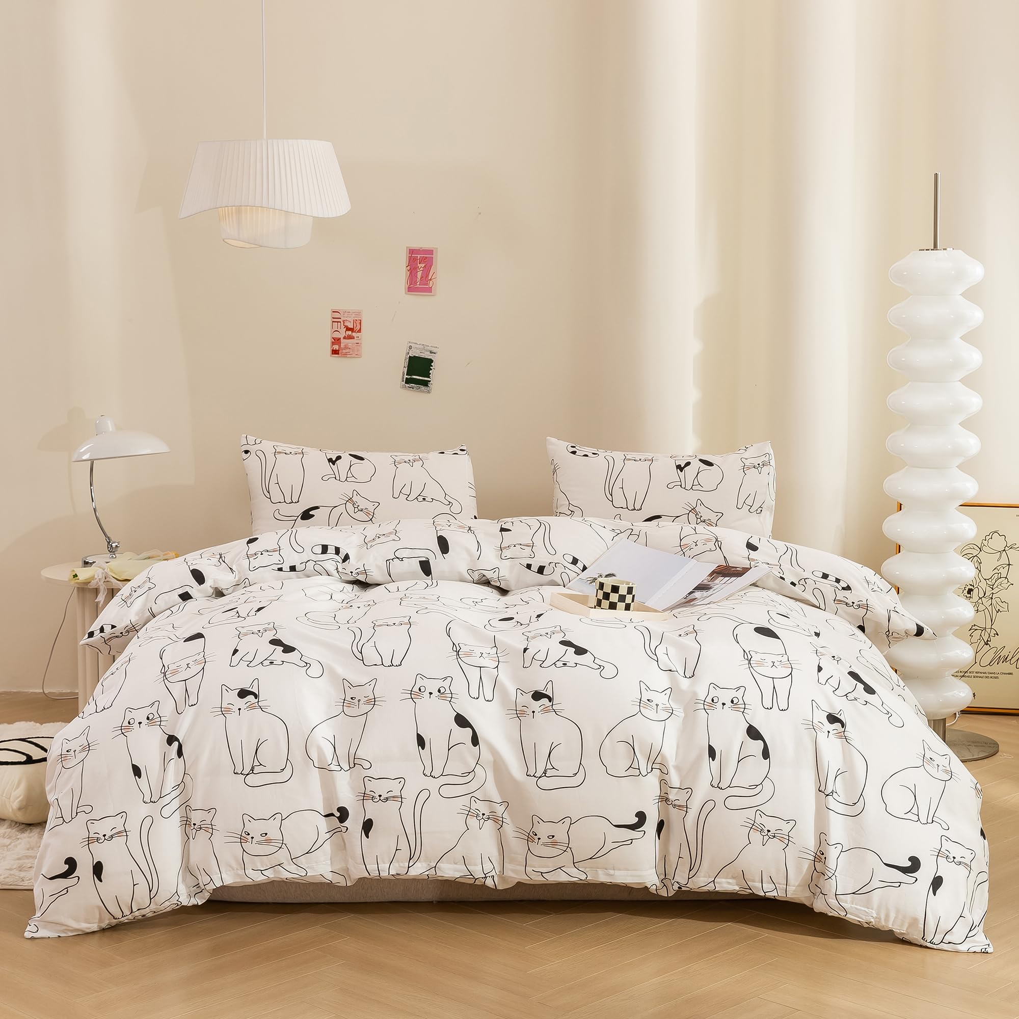 Ecocott Duvet Cover King Size, 3 Pcs Cartoon Cats Animal Print Pattern Duvet Cover Set, Super Soft Comforter Quilt Cover With Zi