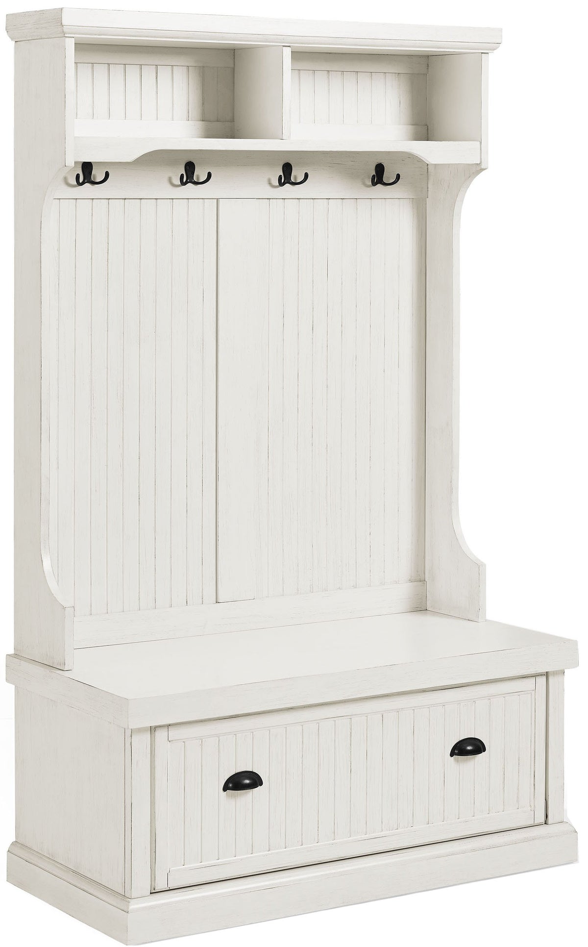 Crosley Furniture Seaside Hall Tree with Shoe Rack Bench and Coat Hooks for Hanging Storage, Distressed White