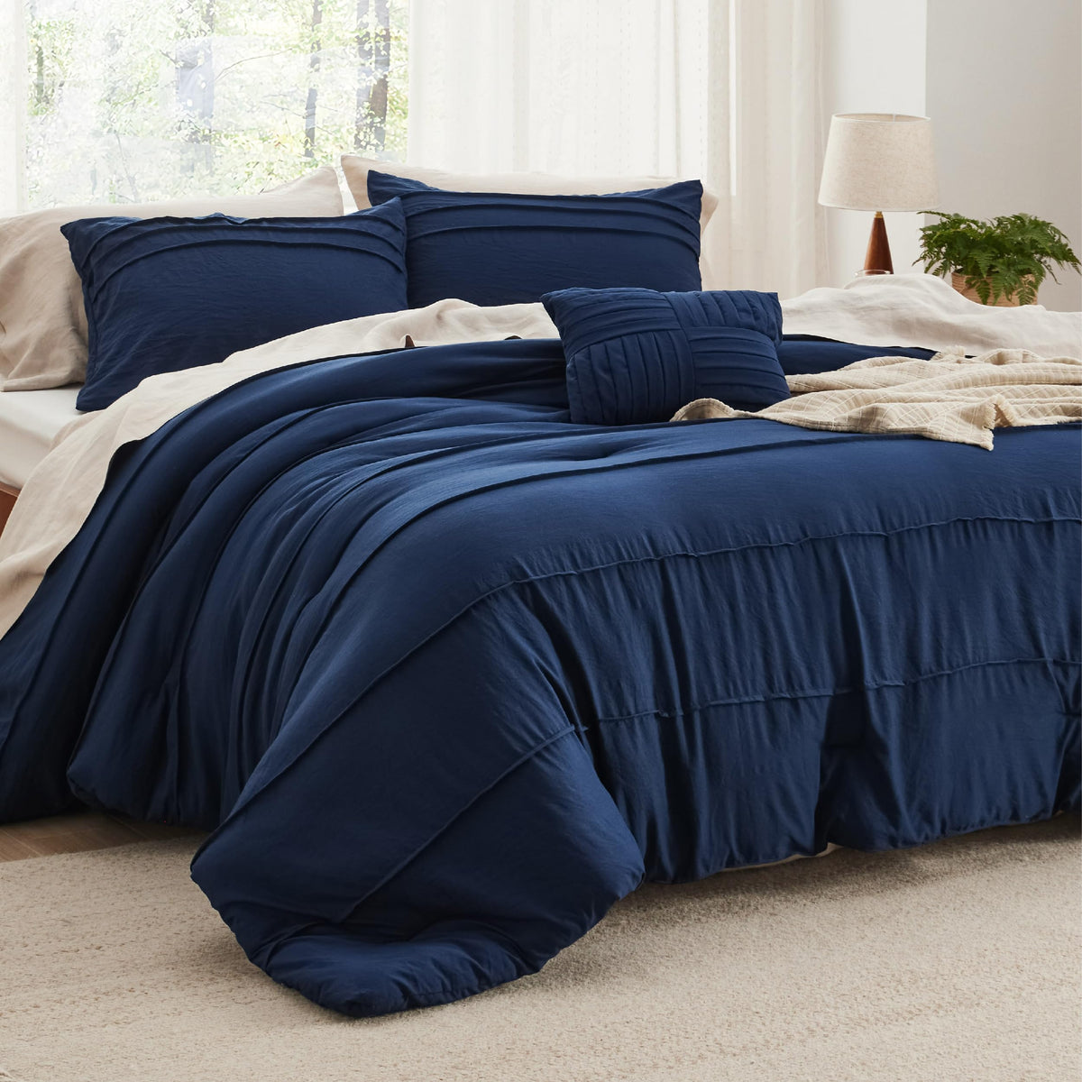 Bedsure Navy Blue California King Comforter Set - 4 Pieces Pinch Pleated Bed Set, Down Alternative Bedding Sets For All Season,