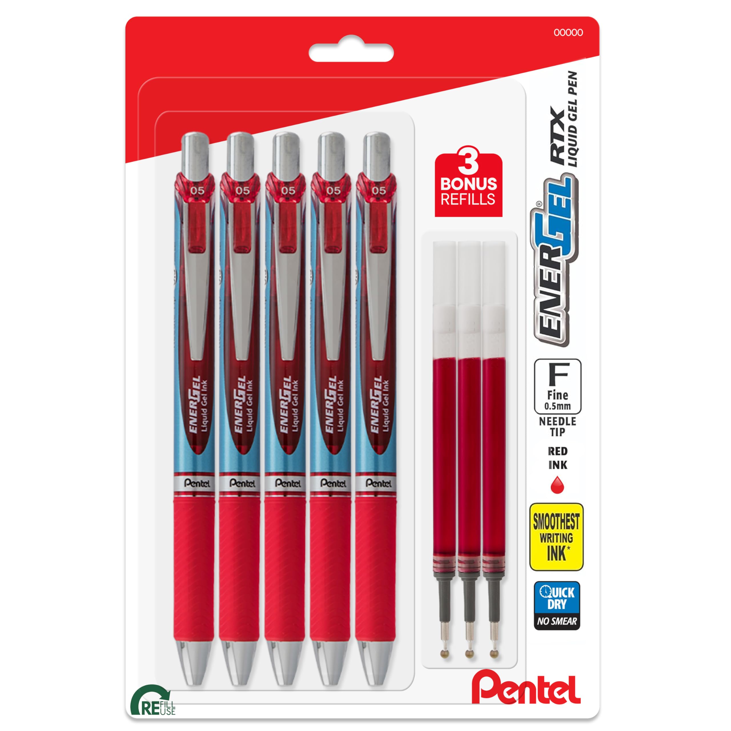 Pentel Energel Deluxe Rtx 0.5 Mm Red Needle Tip Pens - Retractable Liquid Gel Pen Set - Pack Of 5 + 3 Refills